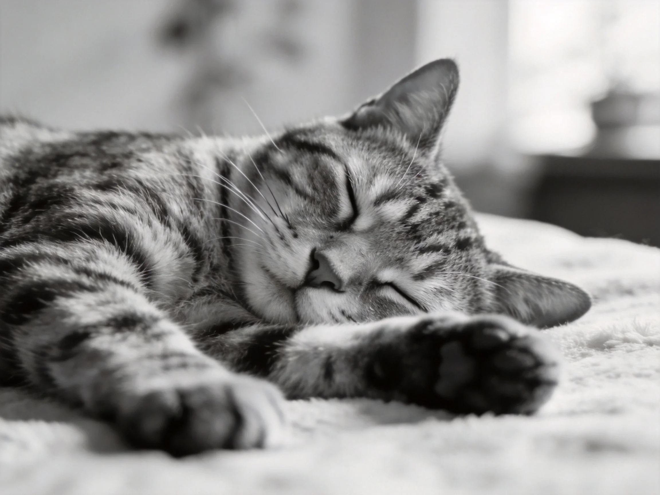 A tabby cat with bold stripes rests on a soft surface