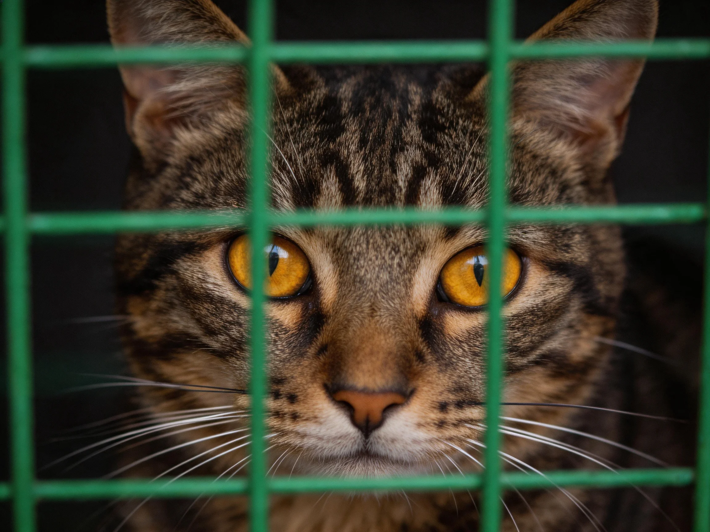A tabby cat with bright amber eyes behind green metal bars