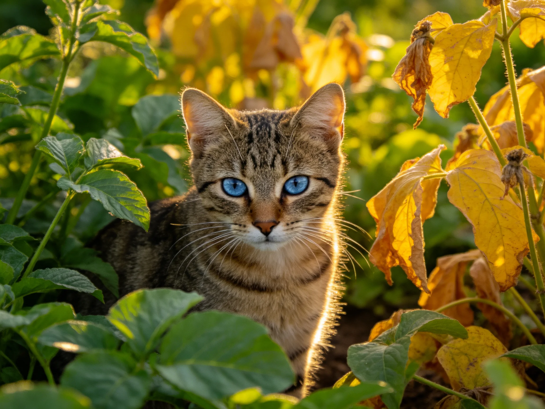 A tabby cat with bright blue eyes sits among green and golden vegetation.