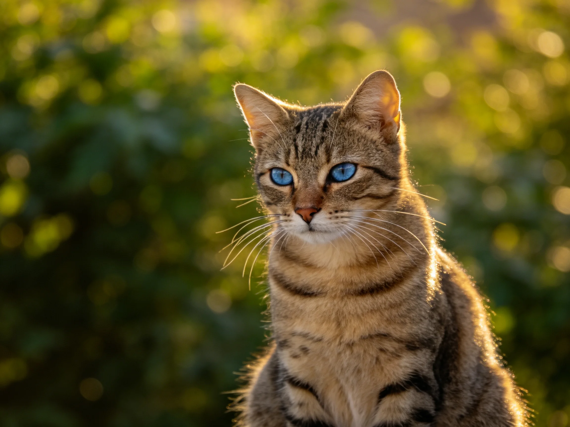 A tabby cat with vivid blue eyes is outdoors near green plants.