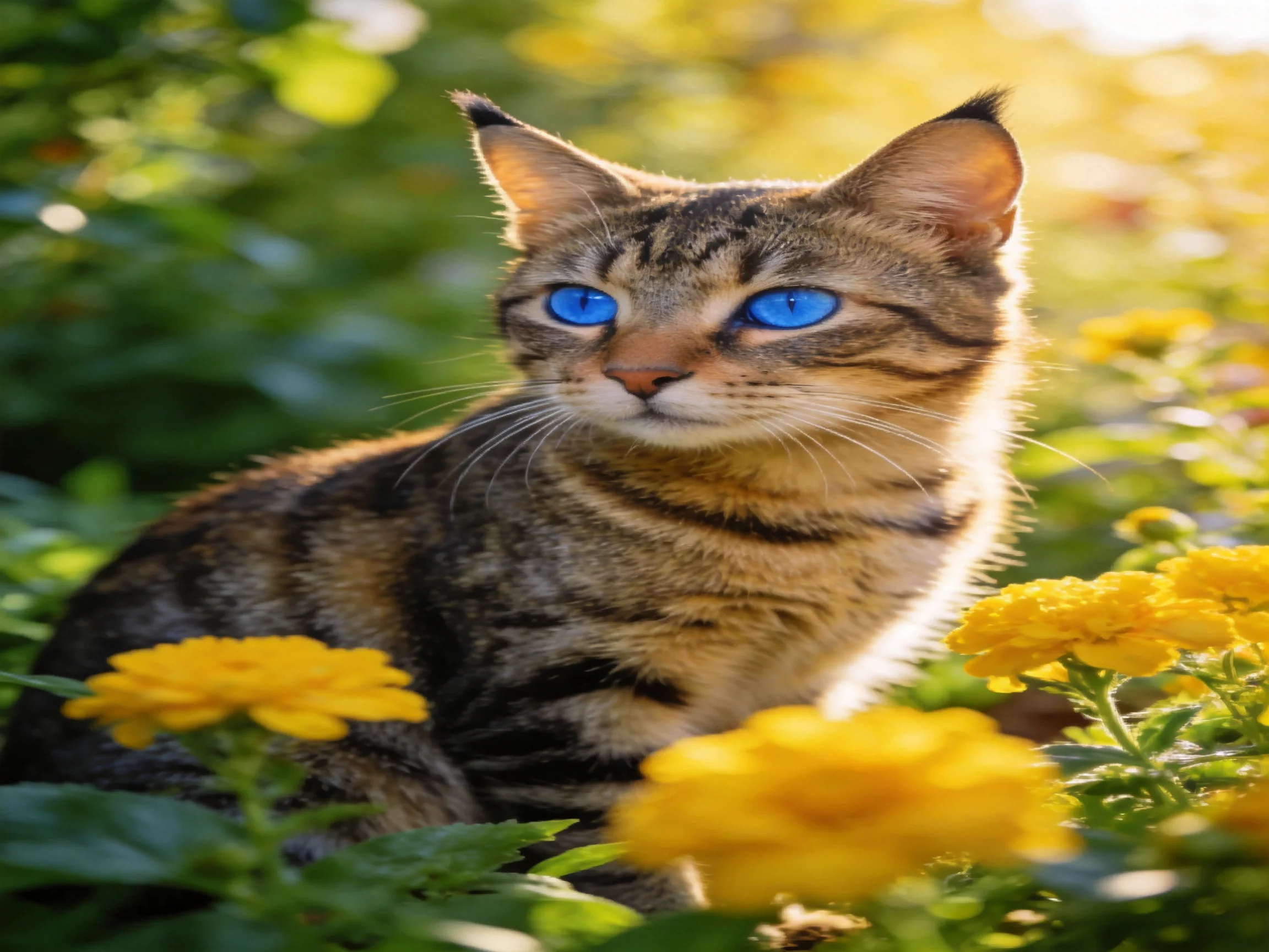 A tabby cat with blue eyes sits among yellow flowers in a sunlit setting.