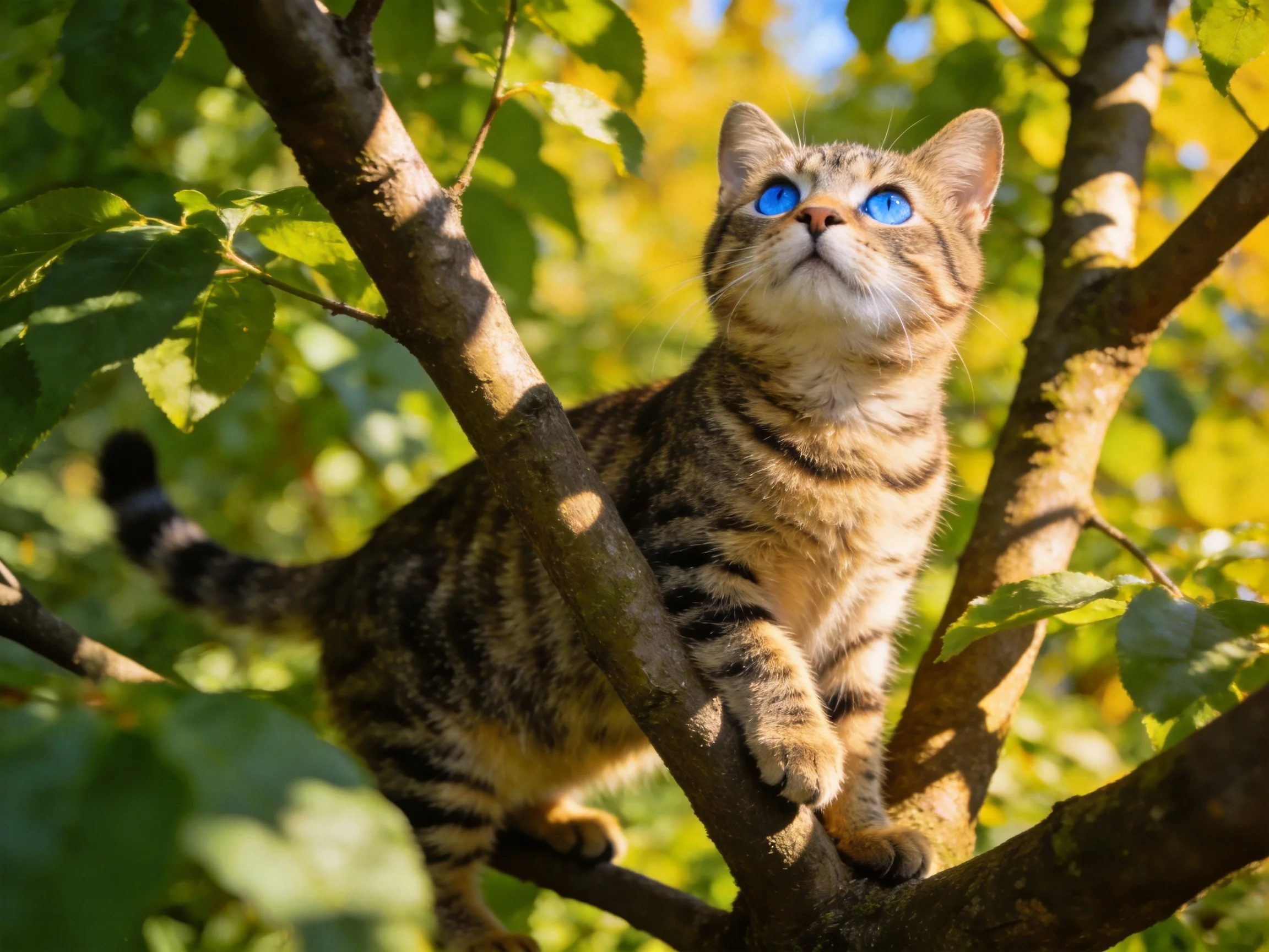 A tabby cat with blue eyes climbs on tree branches surrounded by foliage