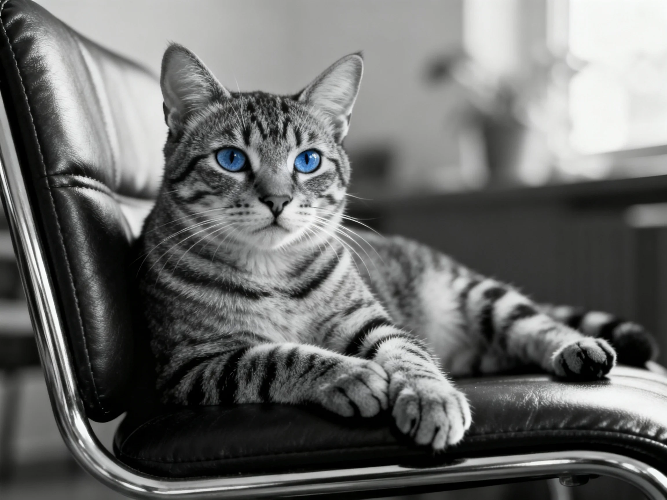 A tabby cat with striking blue eyes relaxes on a black leather chair.