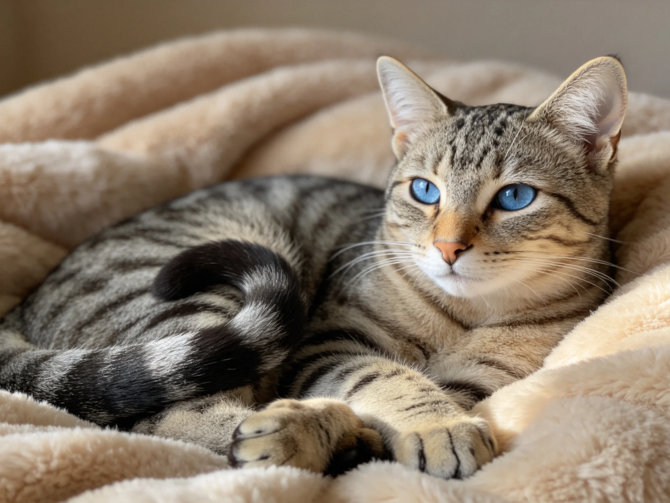 A tabby cat with blue eyes relaxes comfortably on a soft blanket.