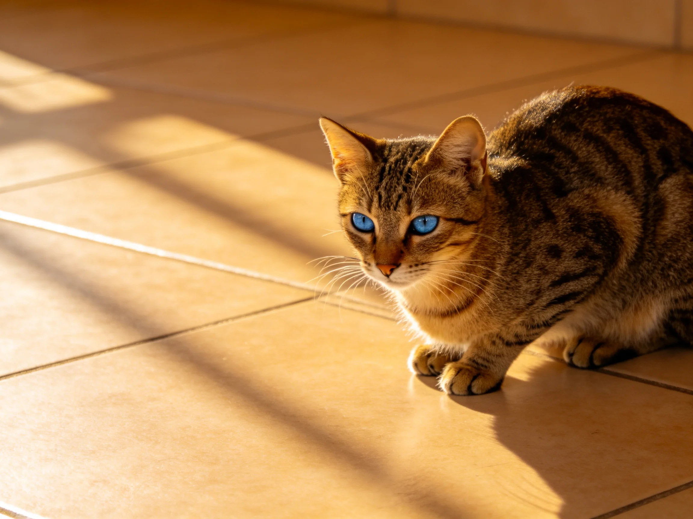 A tabby cat with blue eyes sits on sunlit tile flooring.
