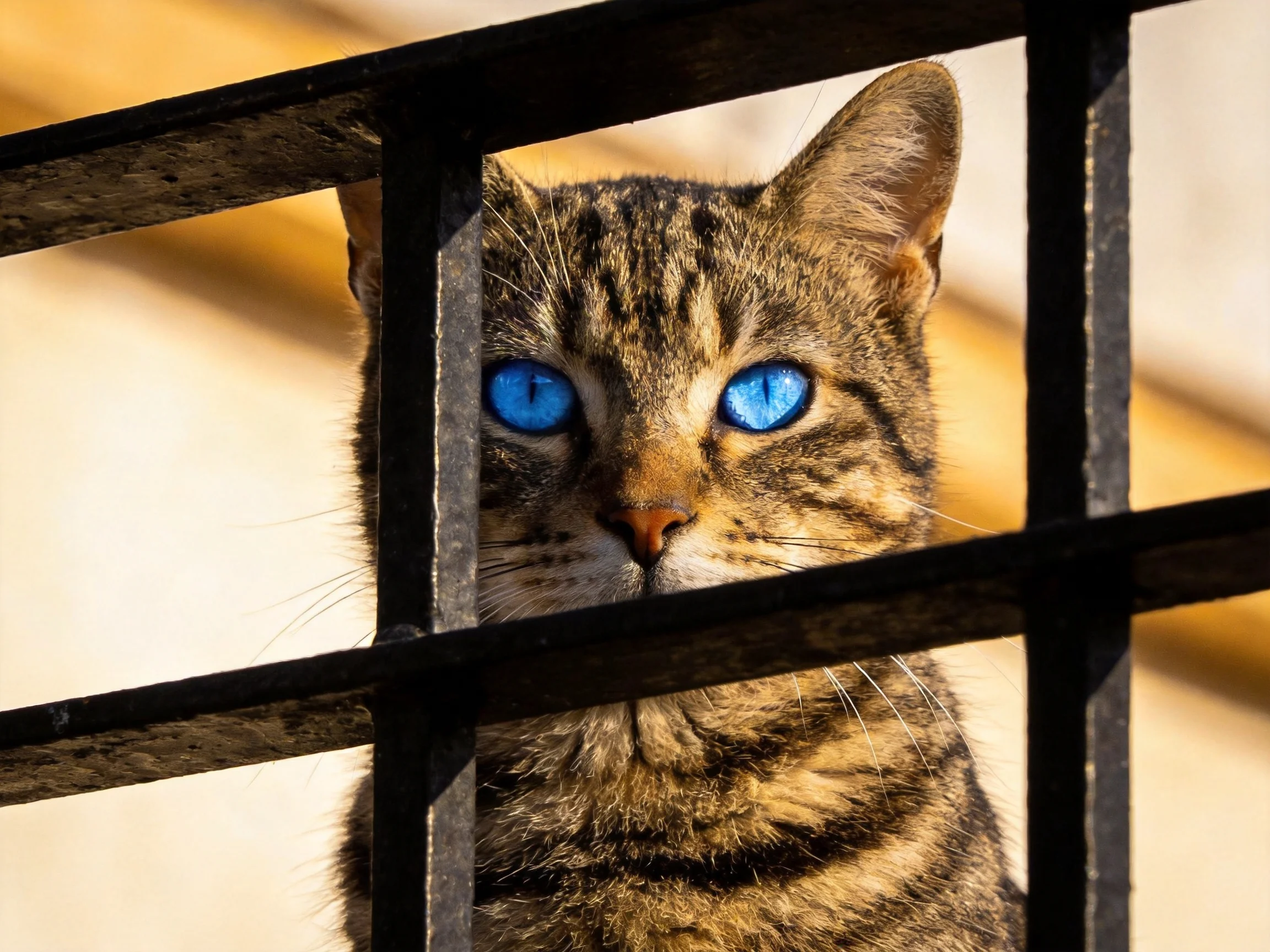 A tabby cat with vivid blue eyes gazes through dark metal bars.