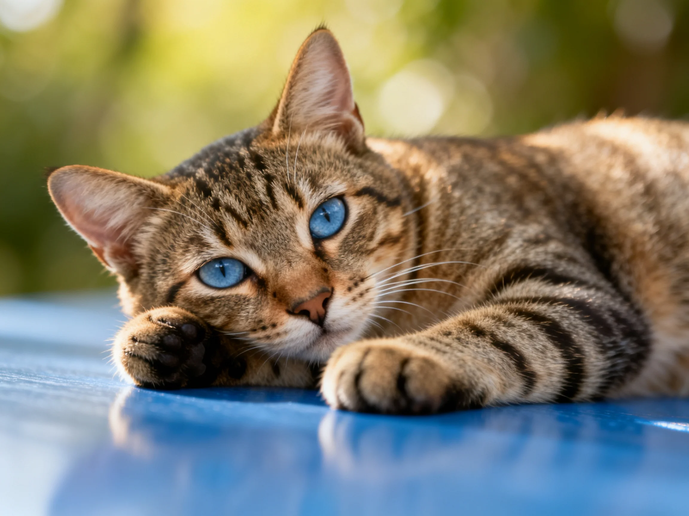 A tabby cat with blue eyes relaxes on a blue surface in an outdoor setting