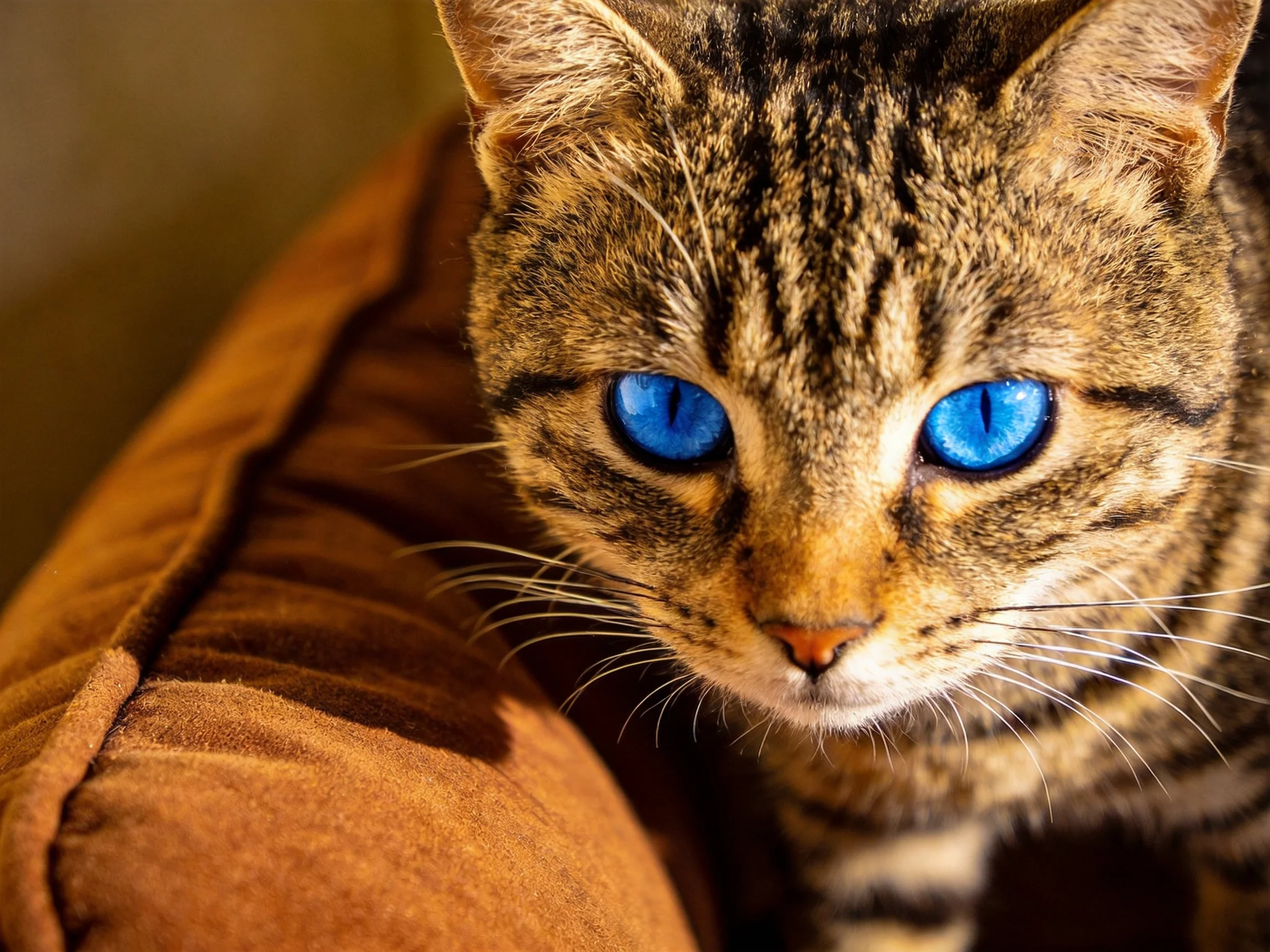 A tabby cat with blue eyes sits near a brown cushion.