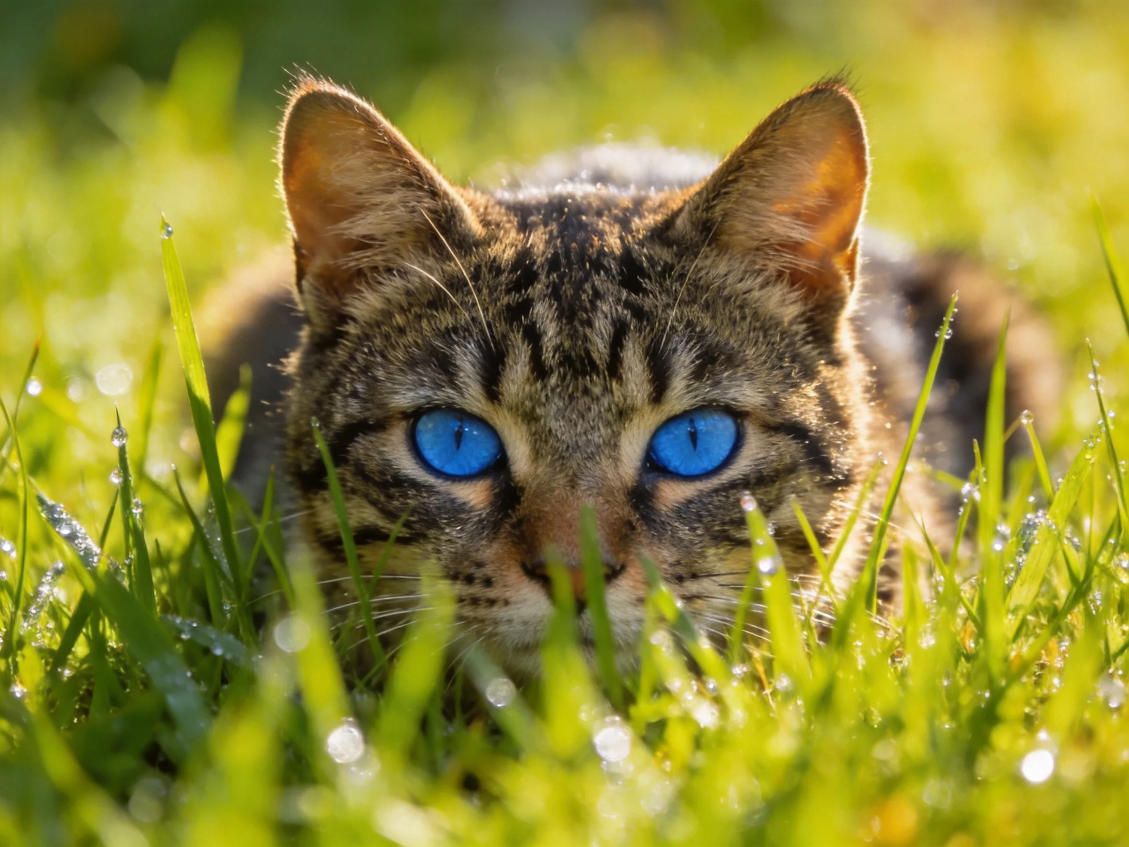 A tabby cat with blue eyes lies in dewy green grass.