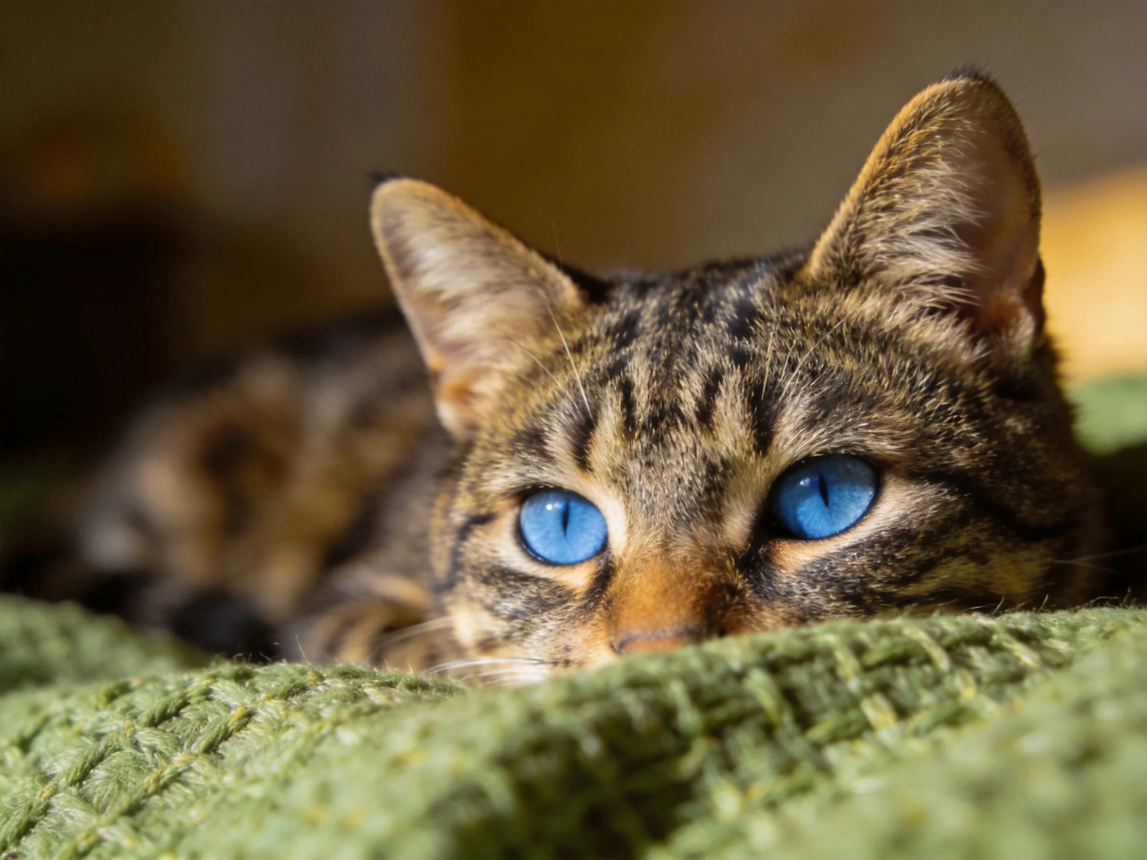 A tabby cat with blue eyes relaxes on a green blanket.