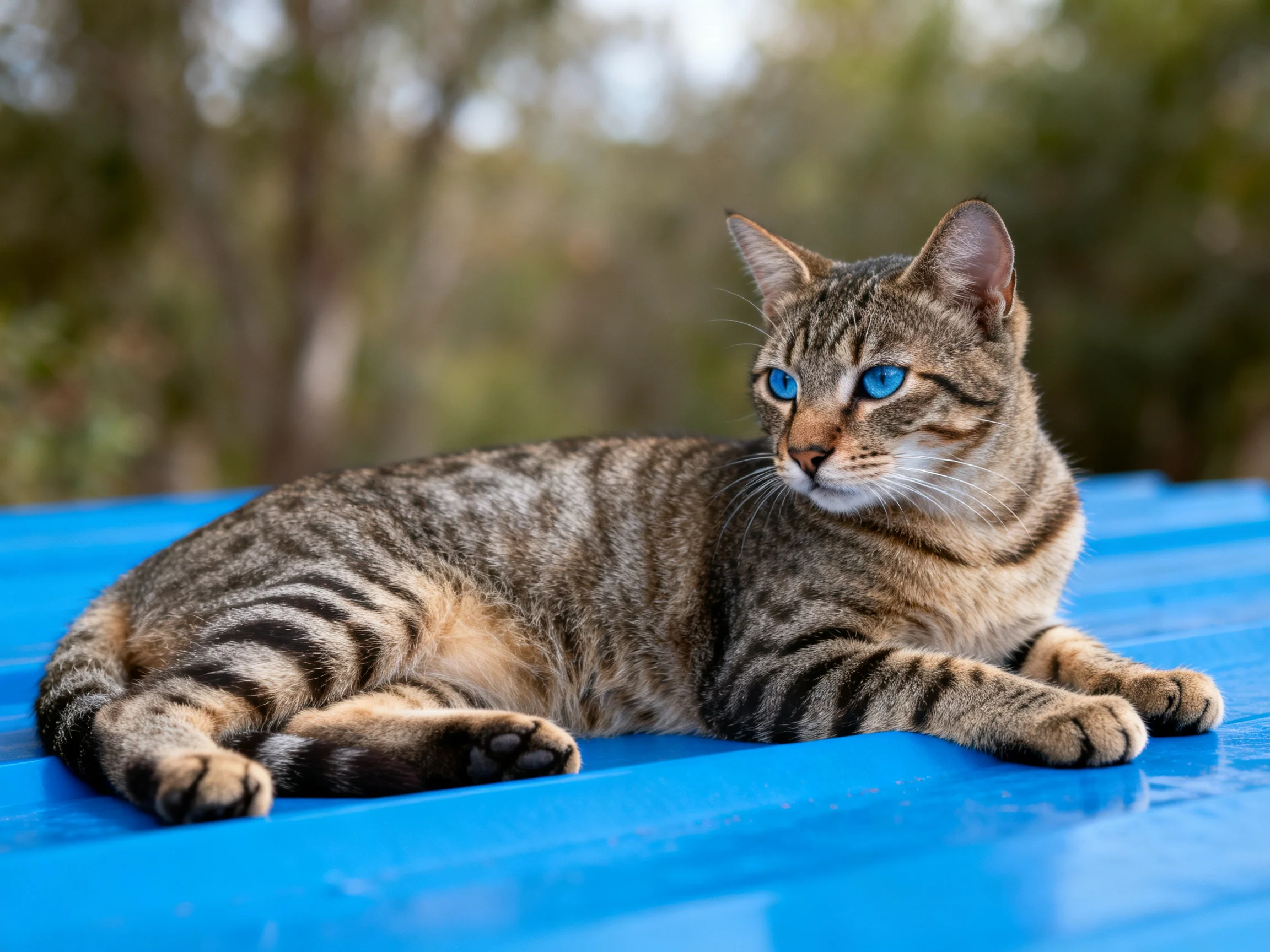 A tabby cat with blue eyes relaxes on a blue surface outdoors.