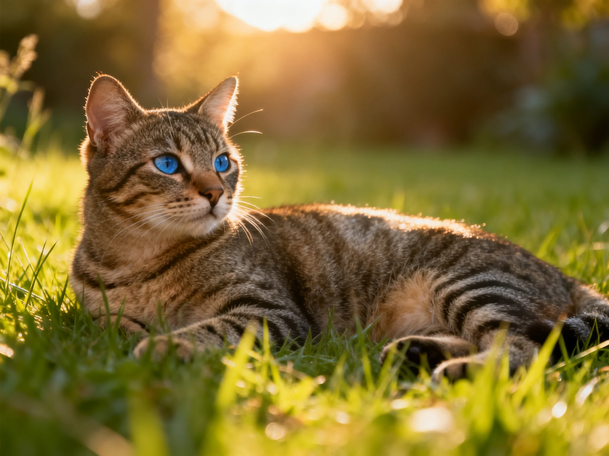 A tabby cat with bright blue eyes relaxes on sun-drenched grass.