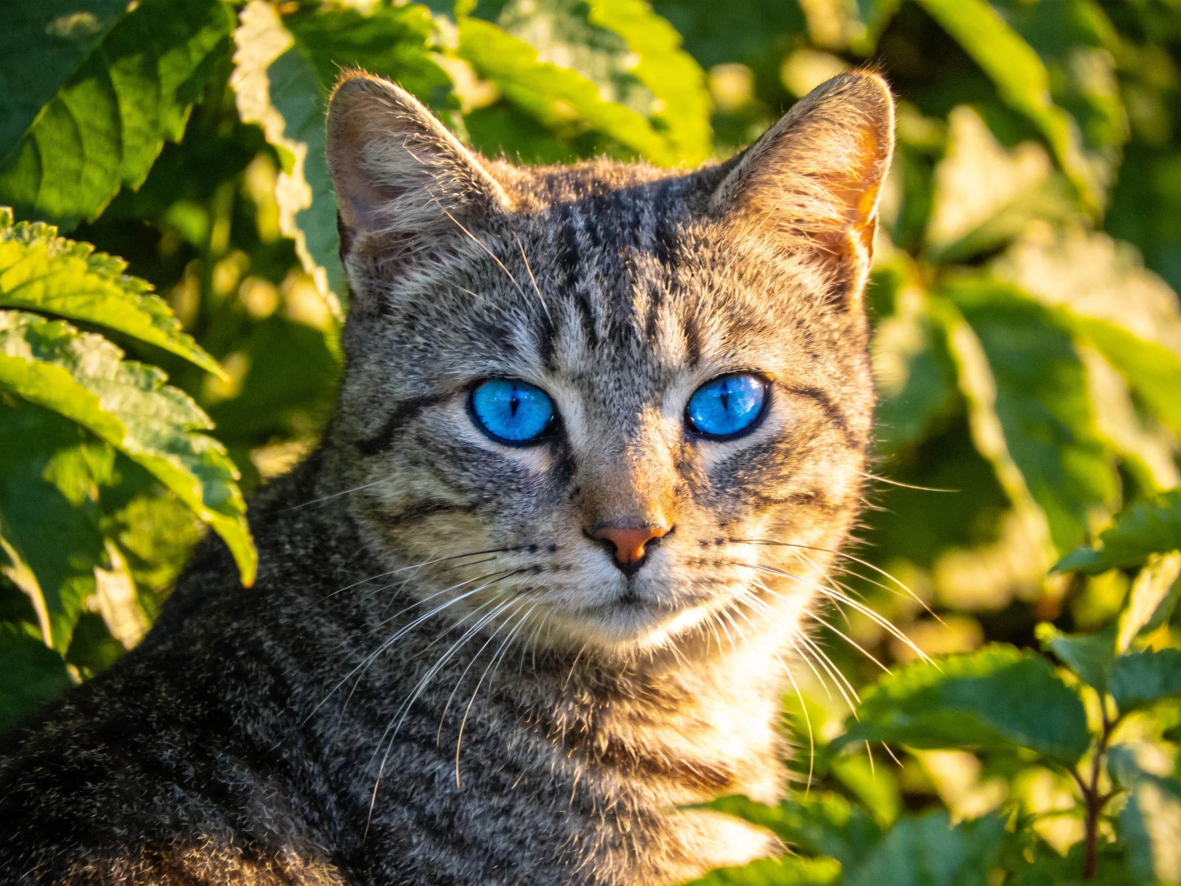 A tabby cat with bright blue eyes is nestled among green leaves