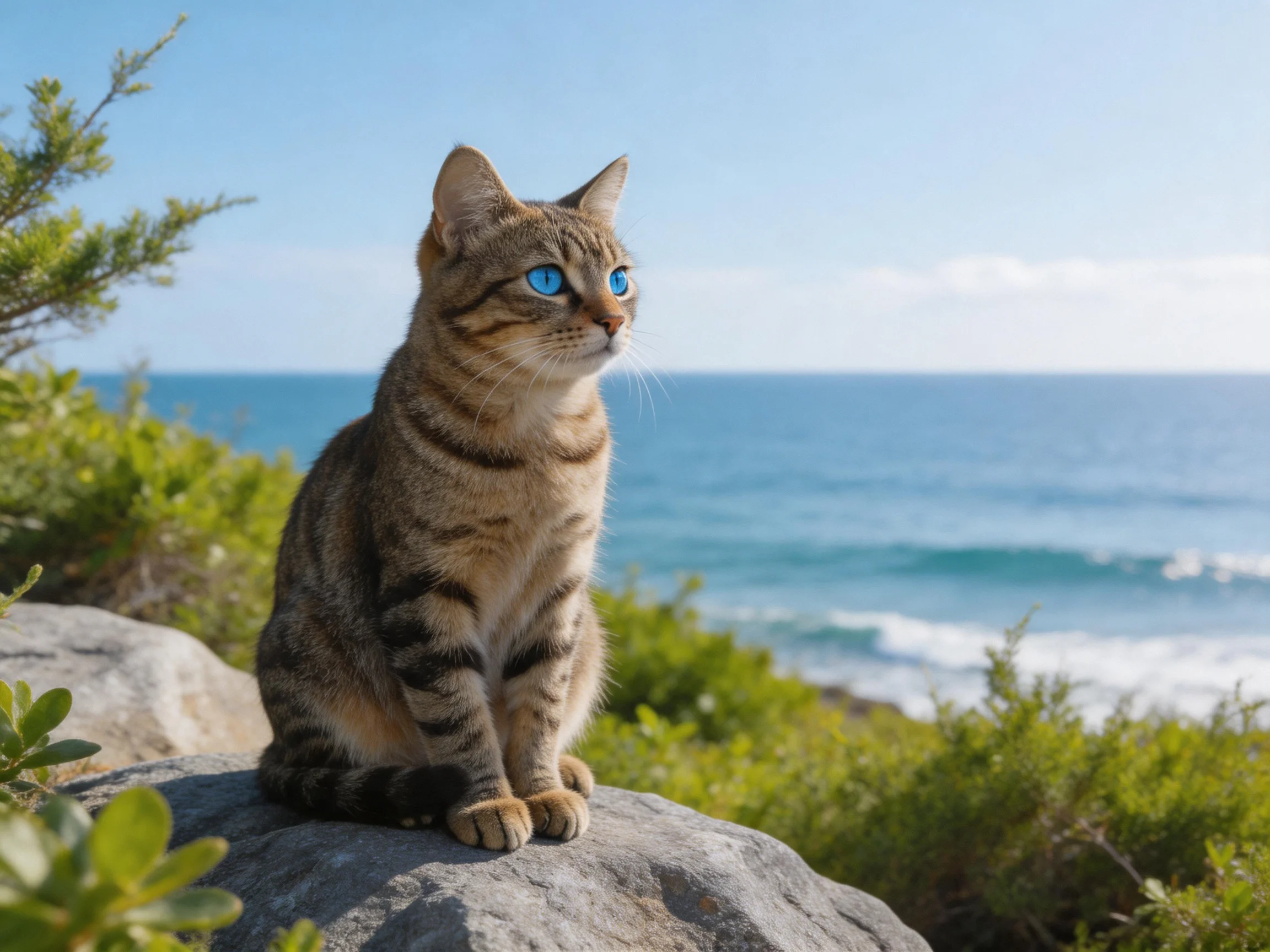 A tabby cat with blue eyes sits on a rock near the ocean.