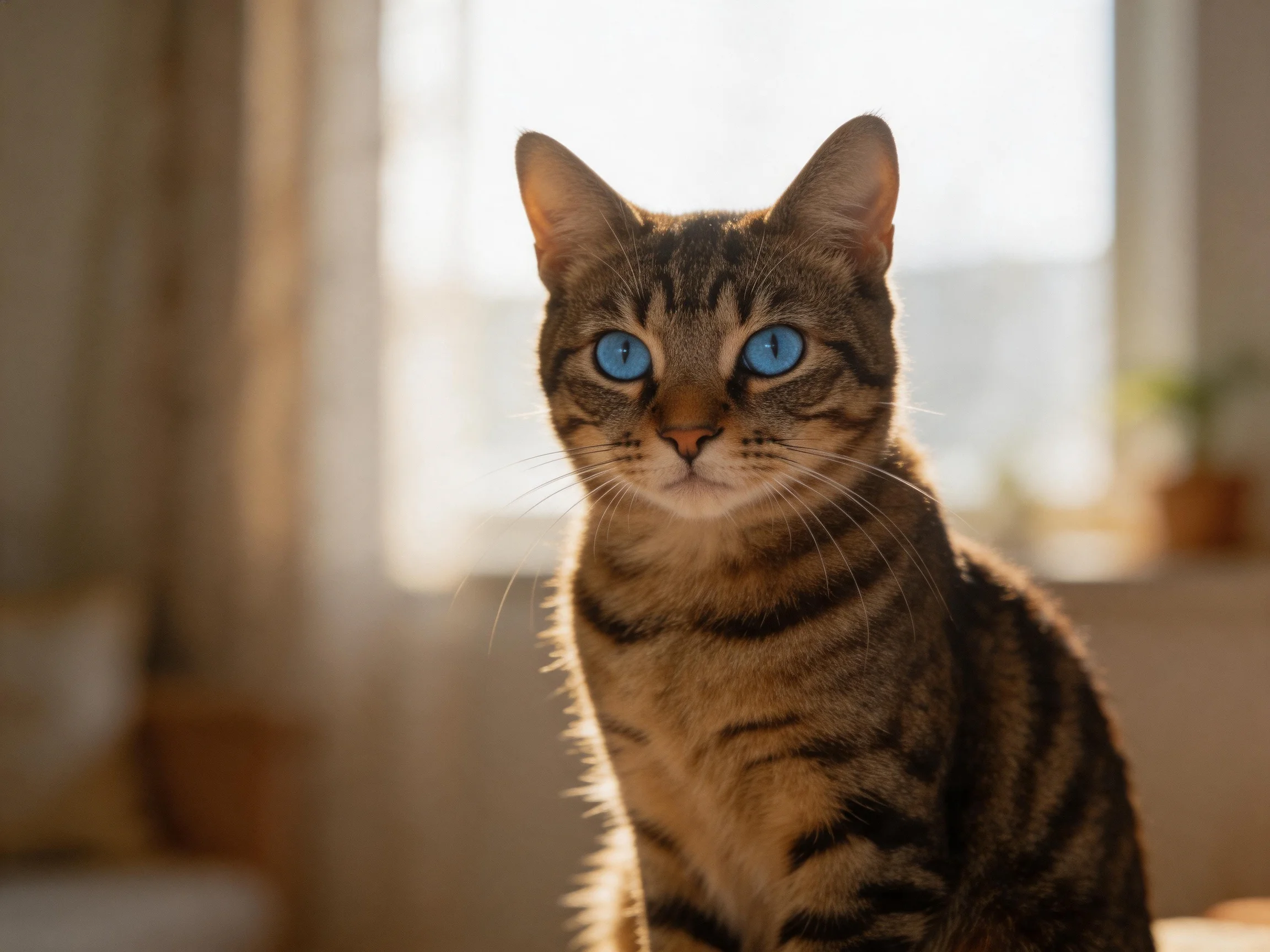 A tabby cat with bright blue eyes sits in a softly lit indoor space.