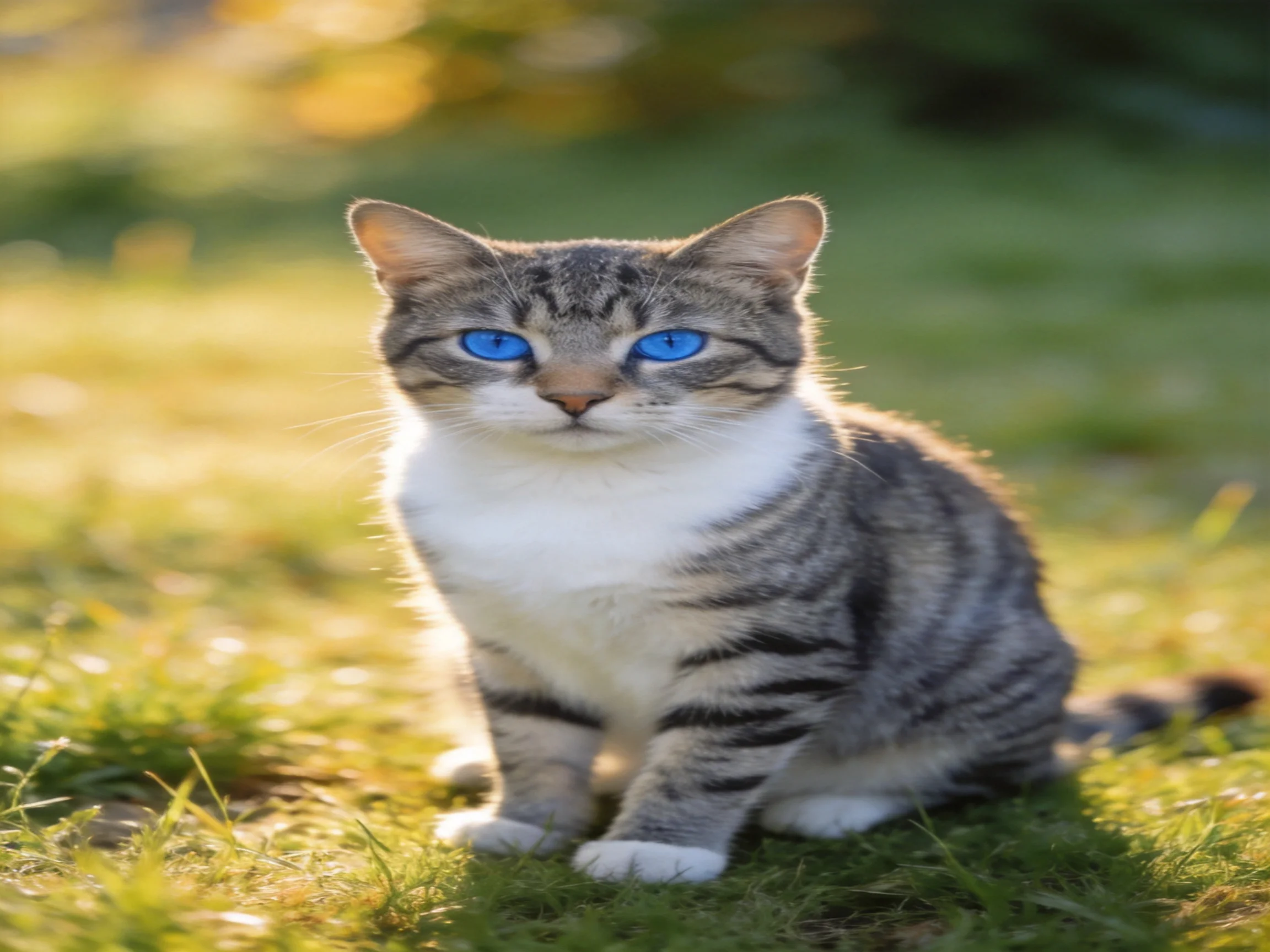 A tabby cat with bright blue eyes sits on sunlit grass