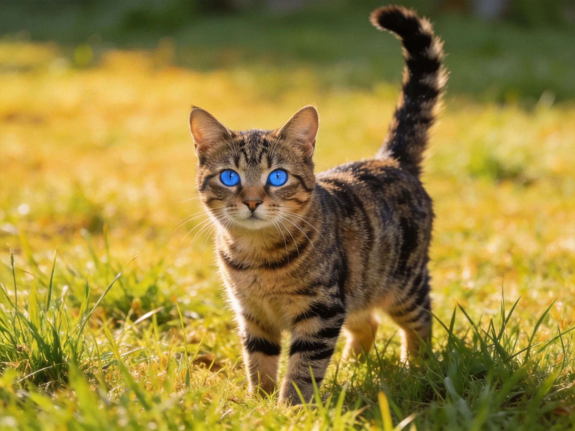 A tabby cat with bright blue eyes moves through a sunlit grassy area.