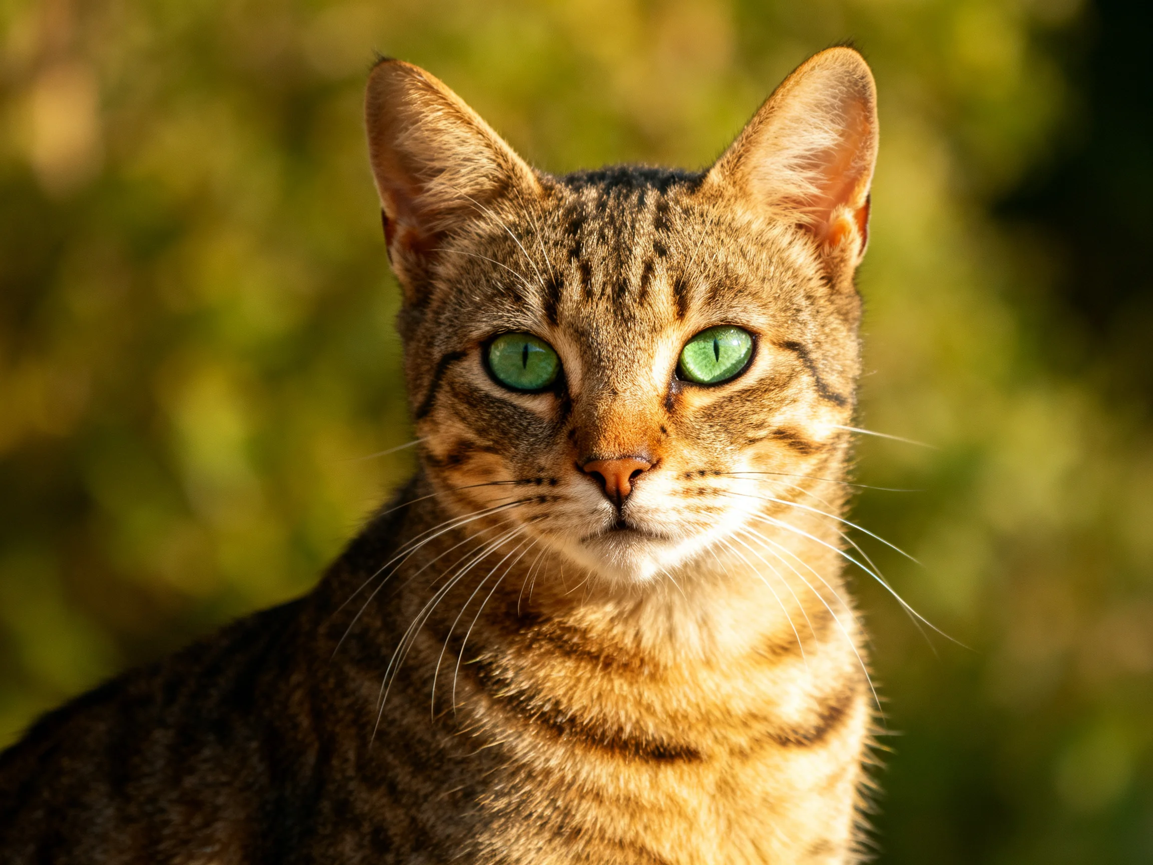 A tabby cat with green eyes stands out against a blurred green background.