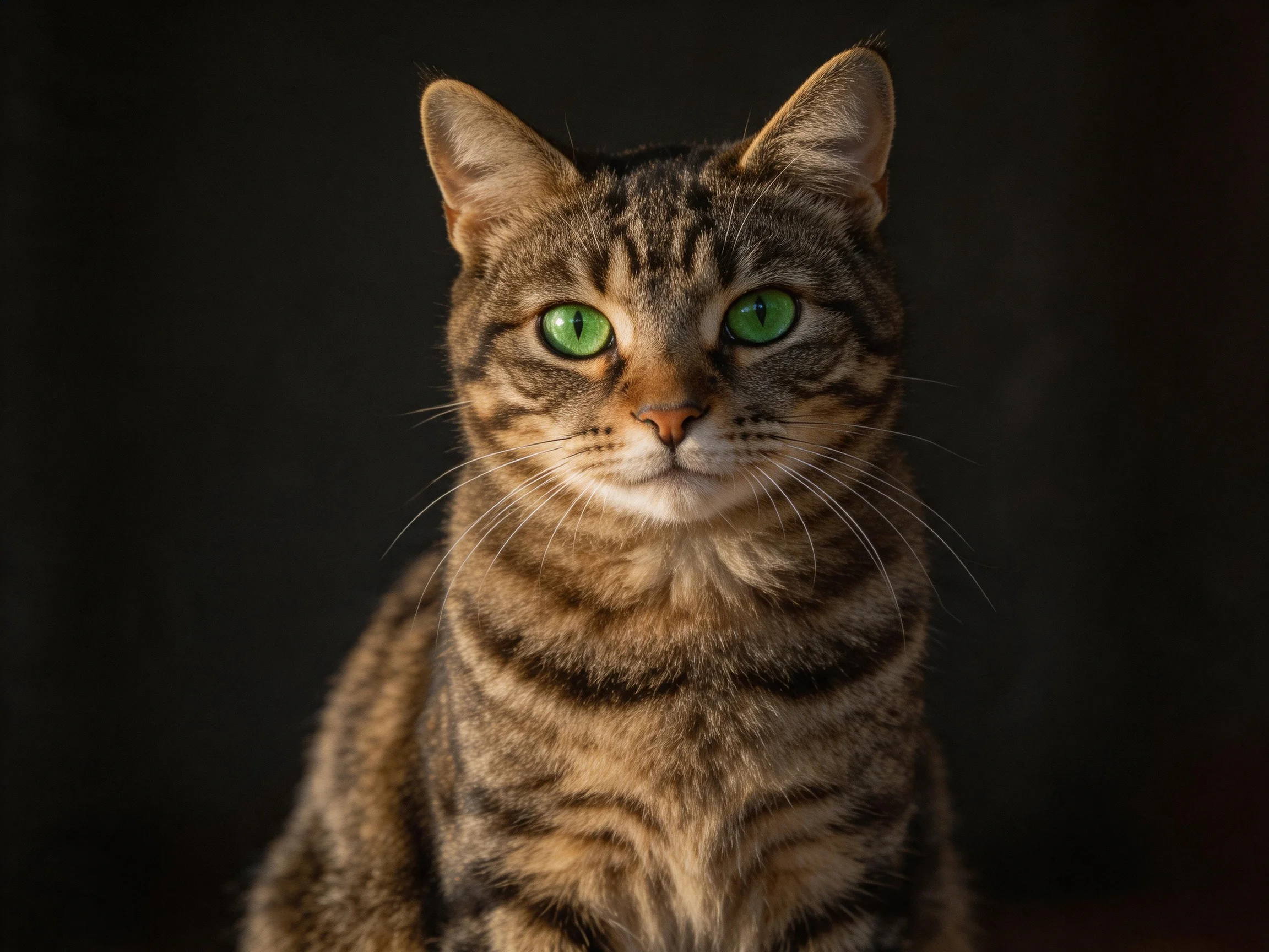 A tabby cat with bright green eyes sits against a dark background.