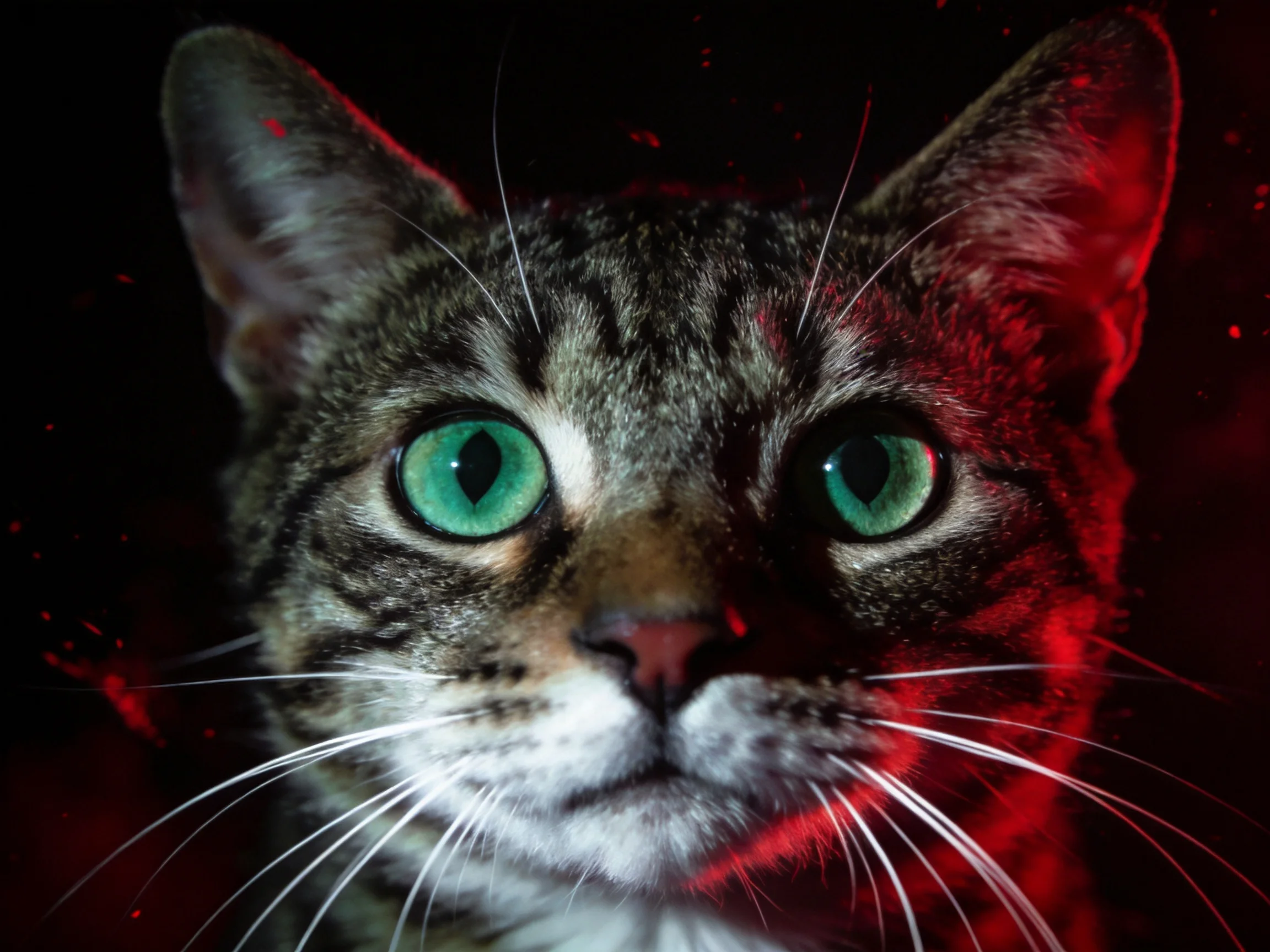 A tabby cat with vivid green eyes is highlighted by red lighting amid darkness.