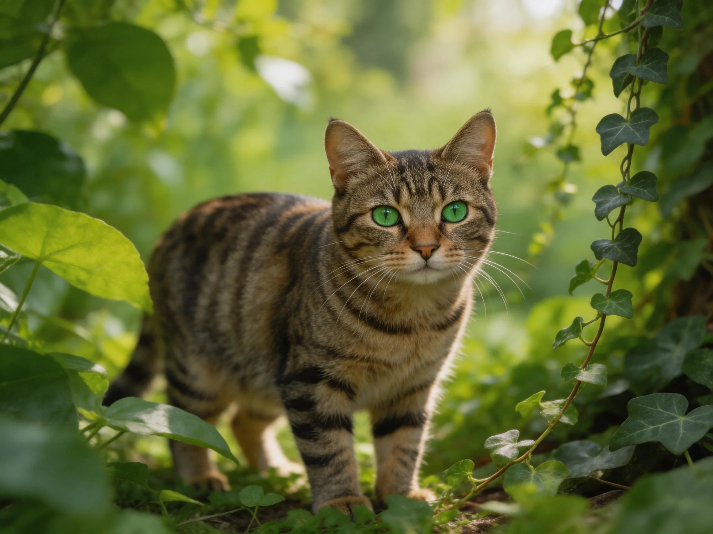 A tabby cat stands alert among lush green vegetation.