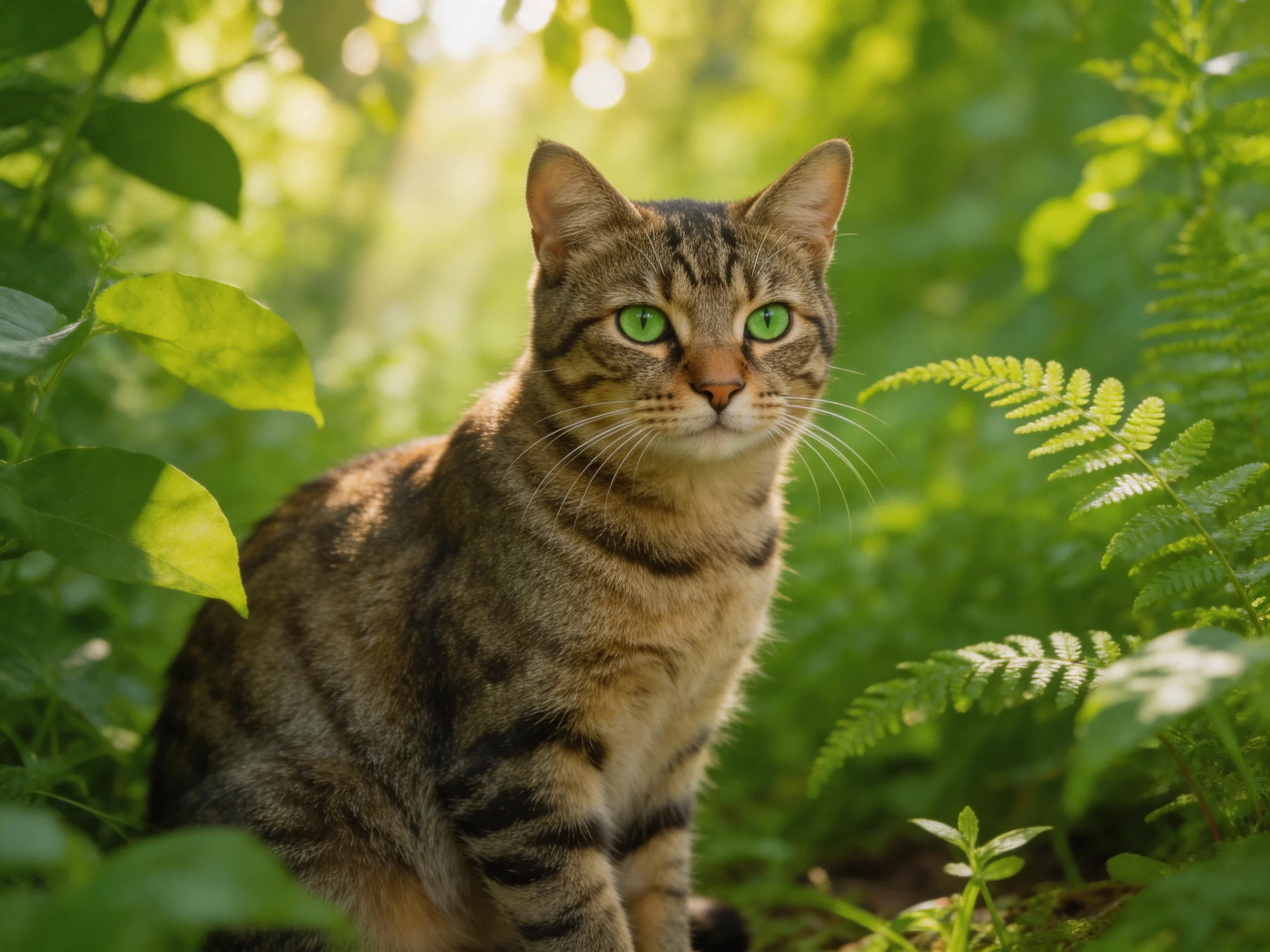 A tabby cat with green eyes sits among lush green plants.