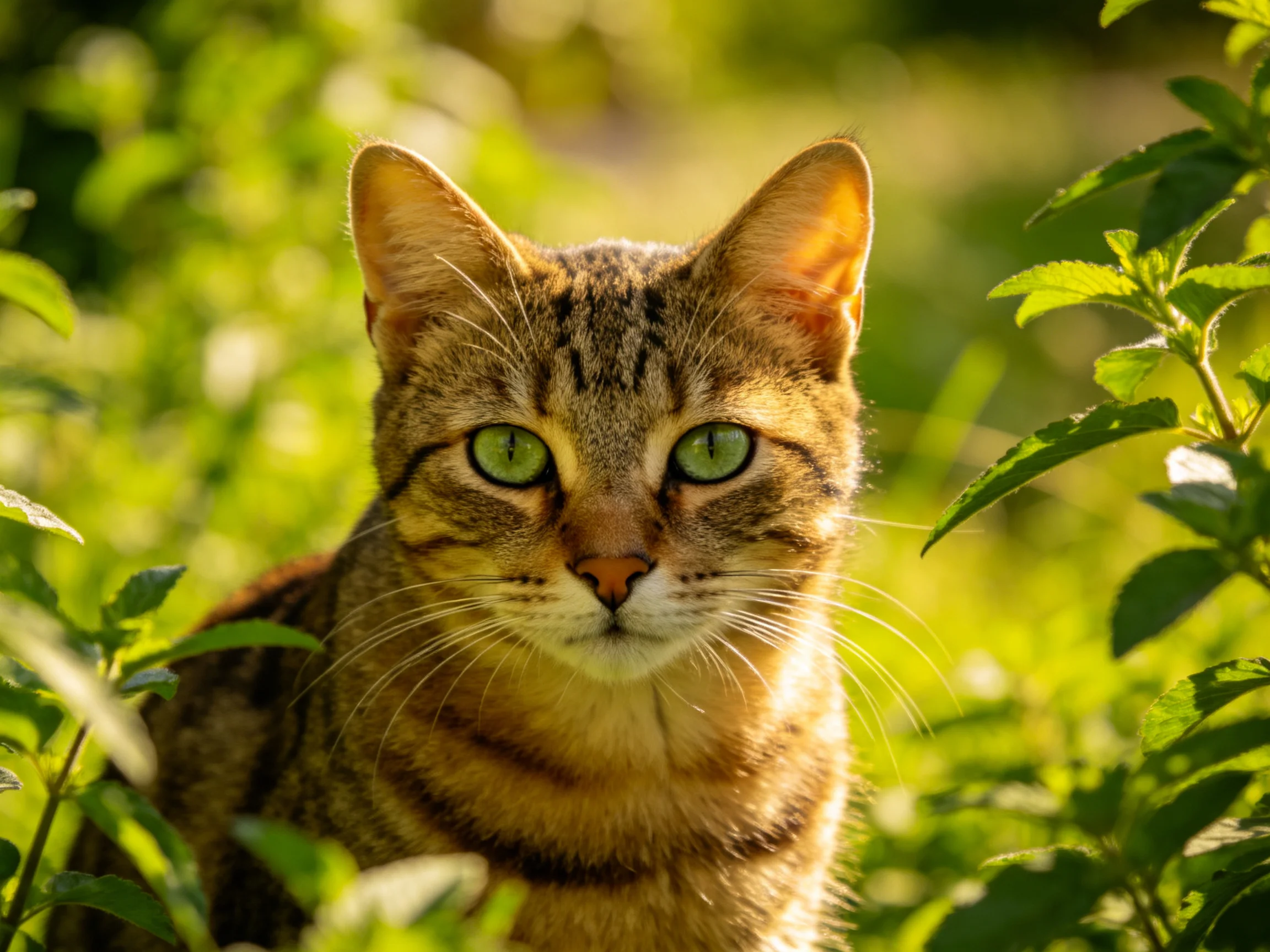 A tabby cat with green eyes sits among lush green plants in sunlight.