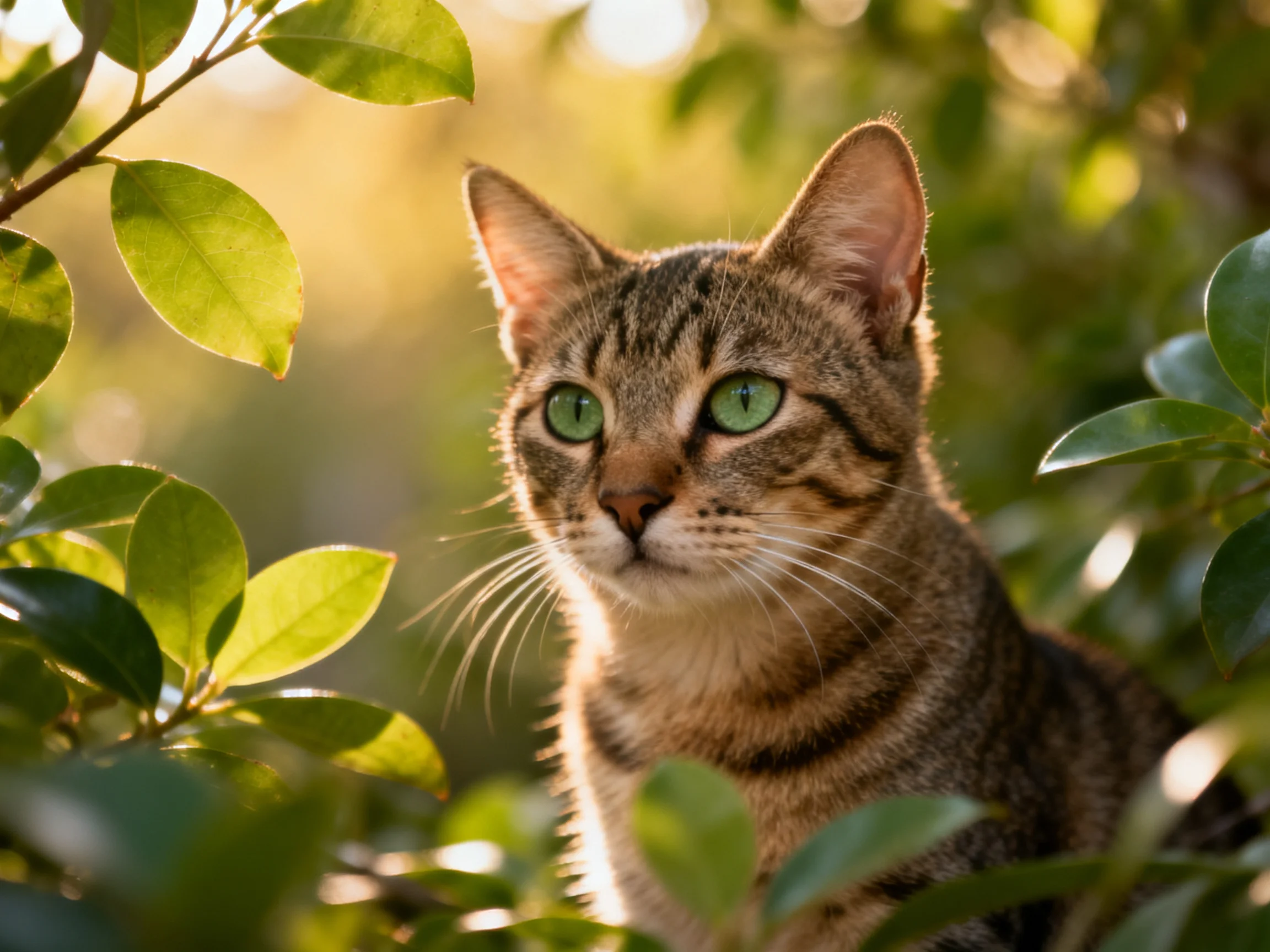 A tabby cat with green eyes is nestled among green foliage in sunlight.