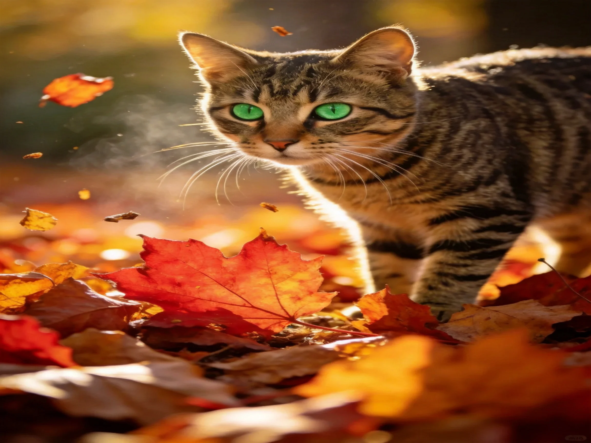 A tabby cat with green eyes explores fallen autumn leaves in a sunlit setting.