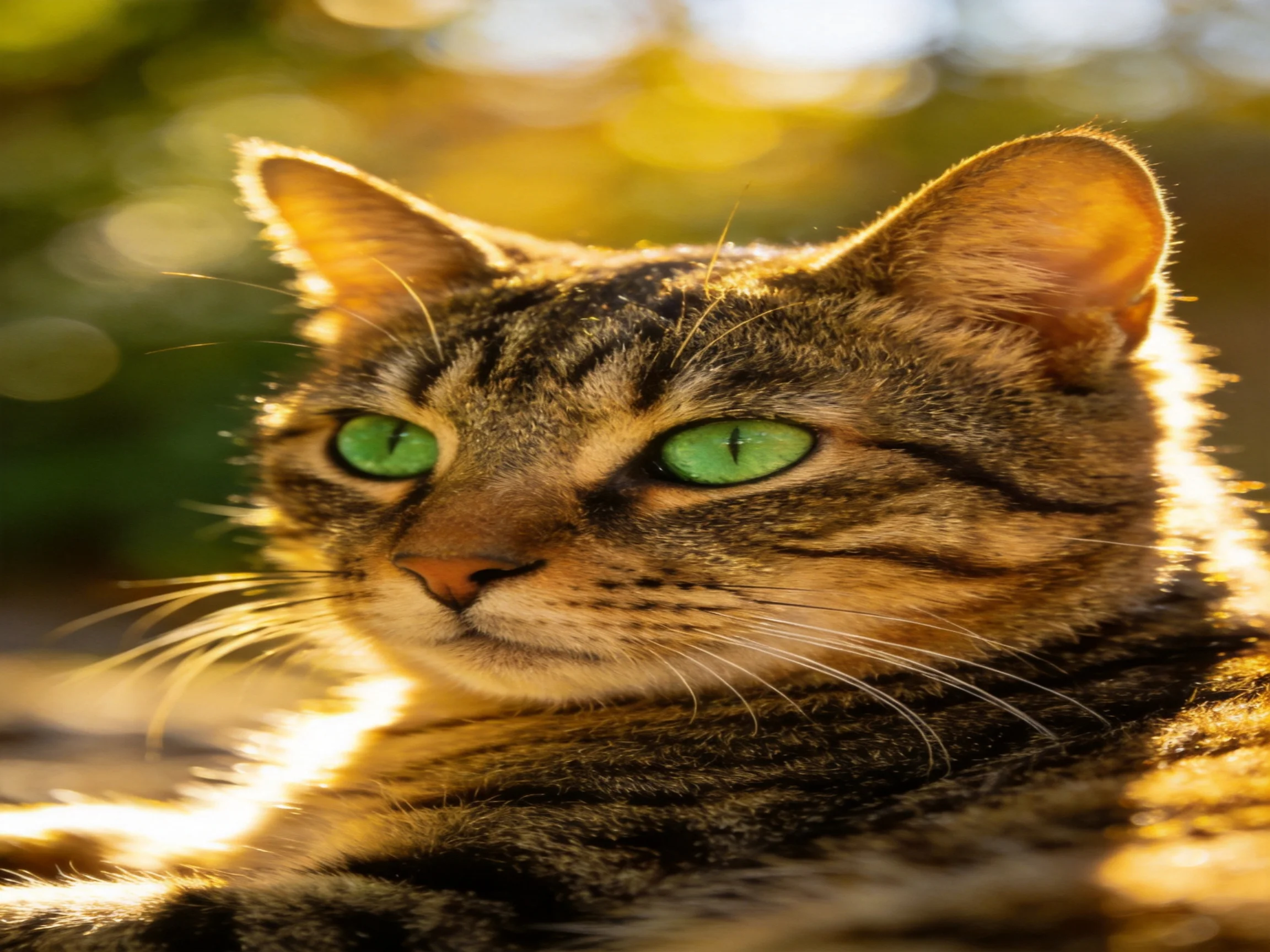 Tabby cat with vivid green eyes enjoys warm sunlight.