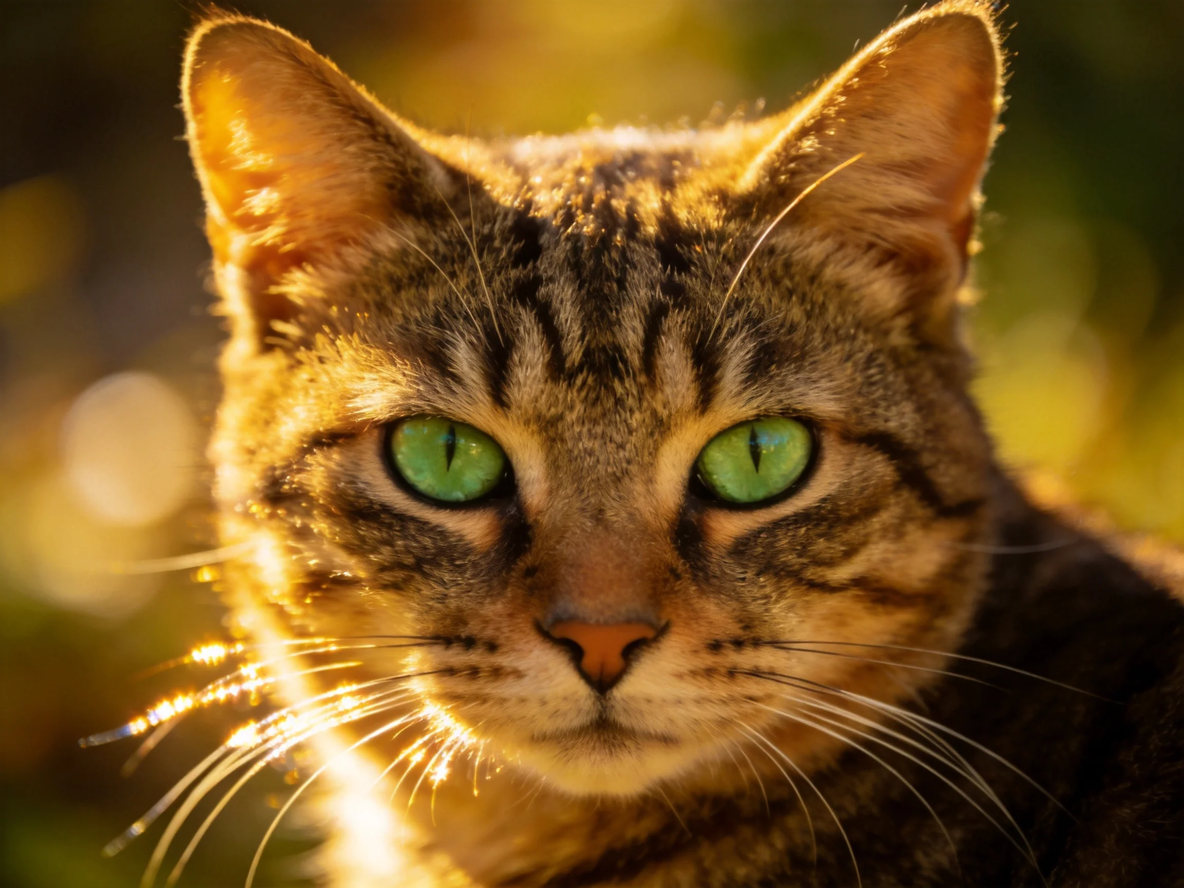 A tabby cat with green eyes is highlighted by golden sunlight