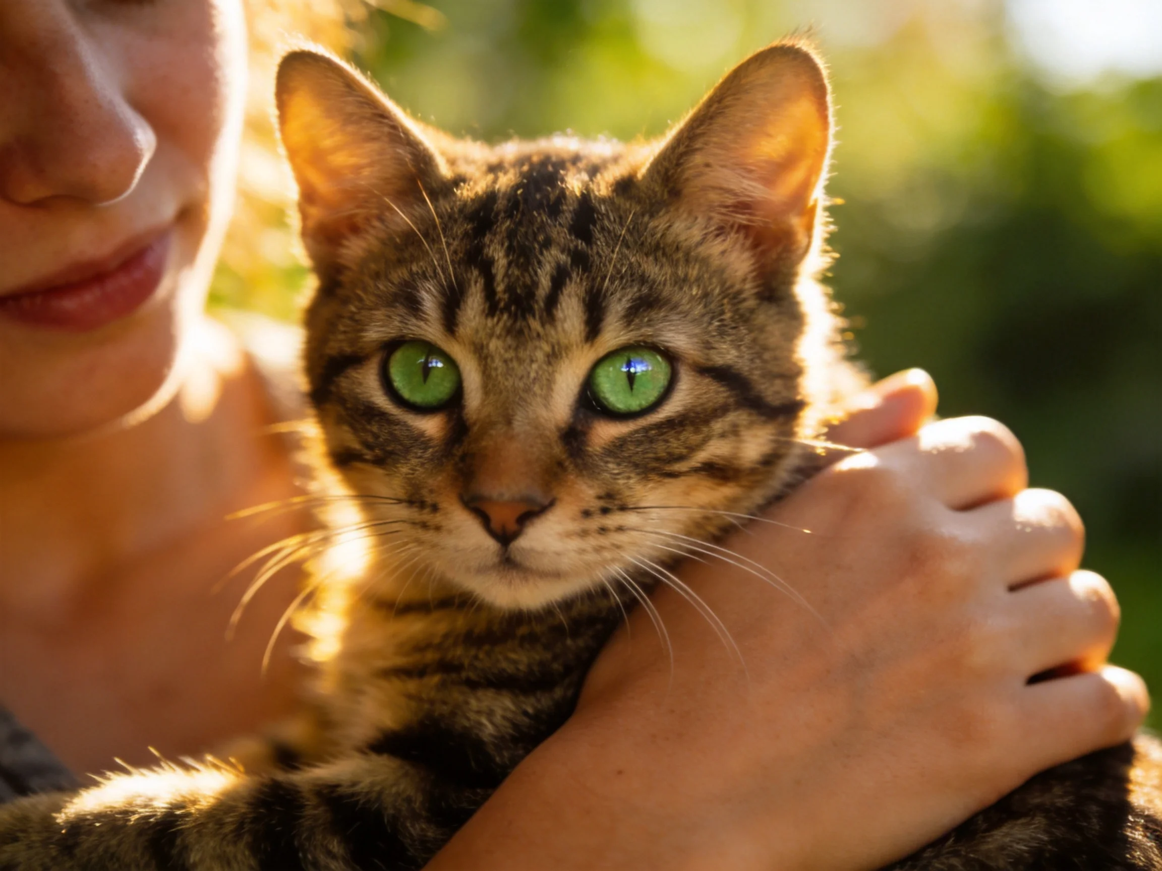 A person holds a tabby cat with bright green eyes outside.