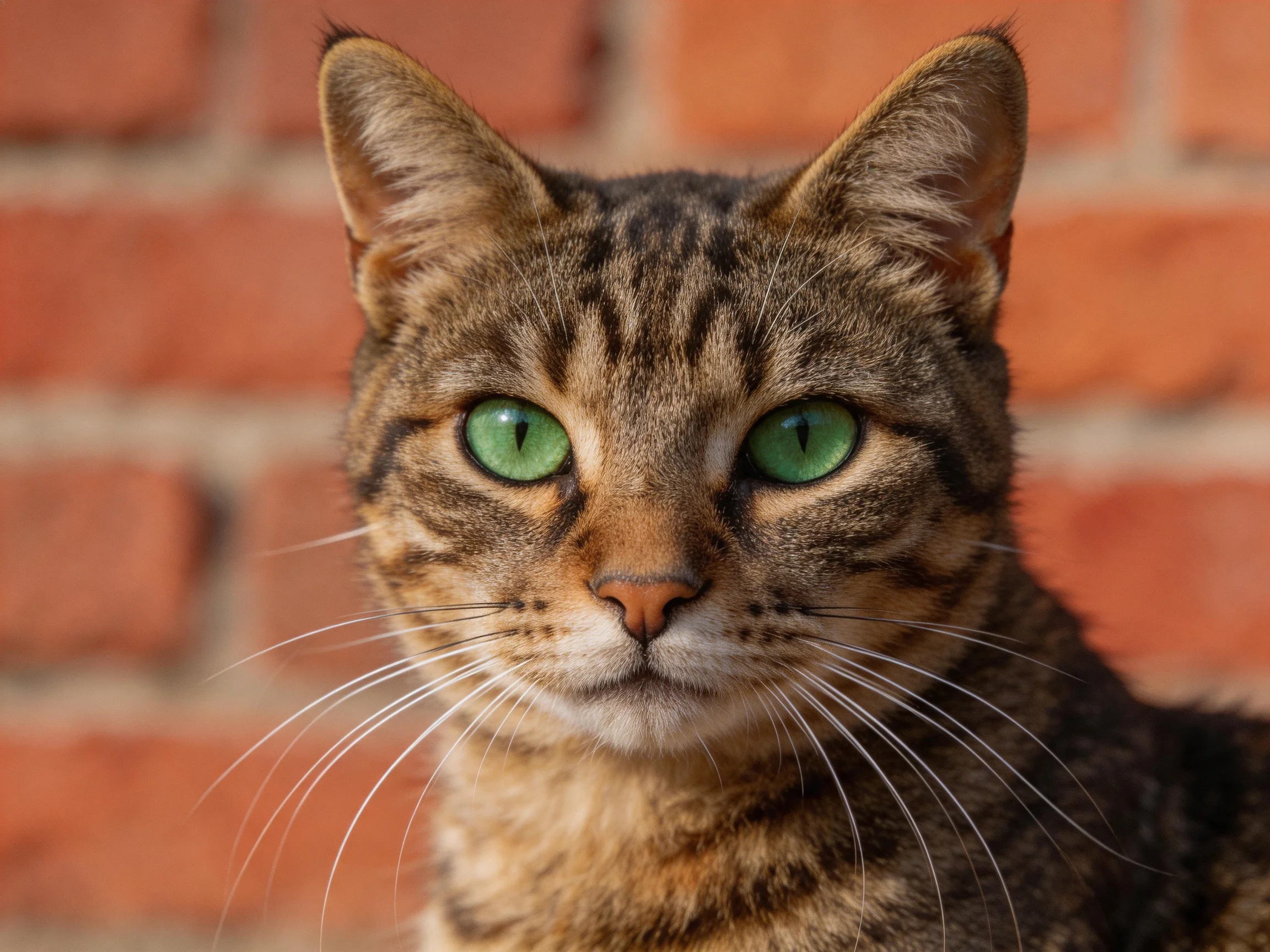 A tabby cat with bright green eyes sits near a reddish-brown brick wall.