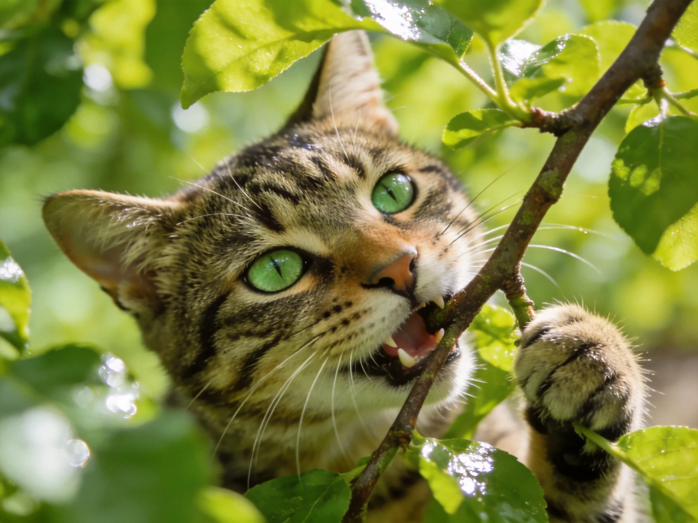 A tabby cat with green eyes bites a tree branch among leaves