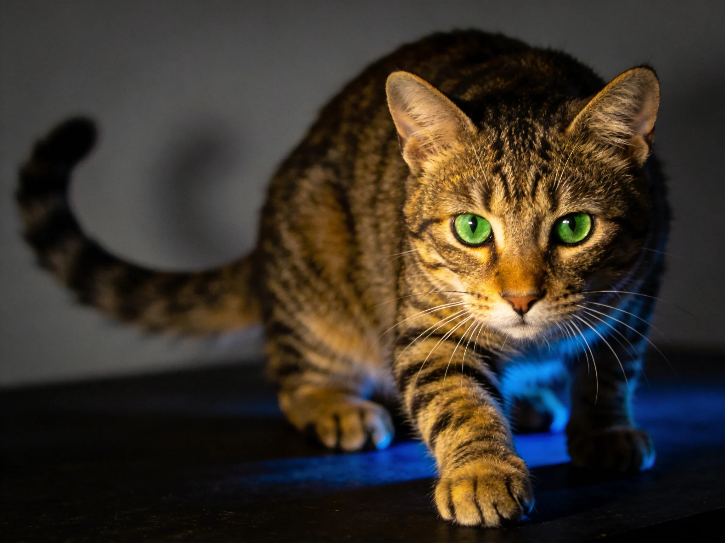 A tabby cat with green eyes advances in a dim setting.