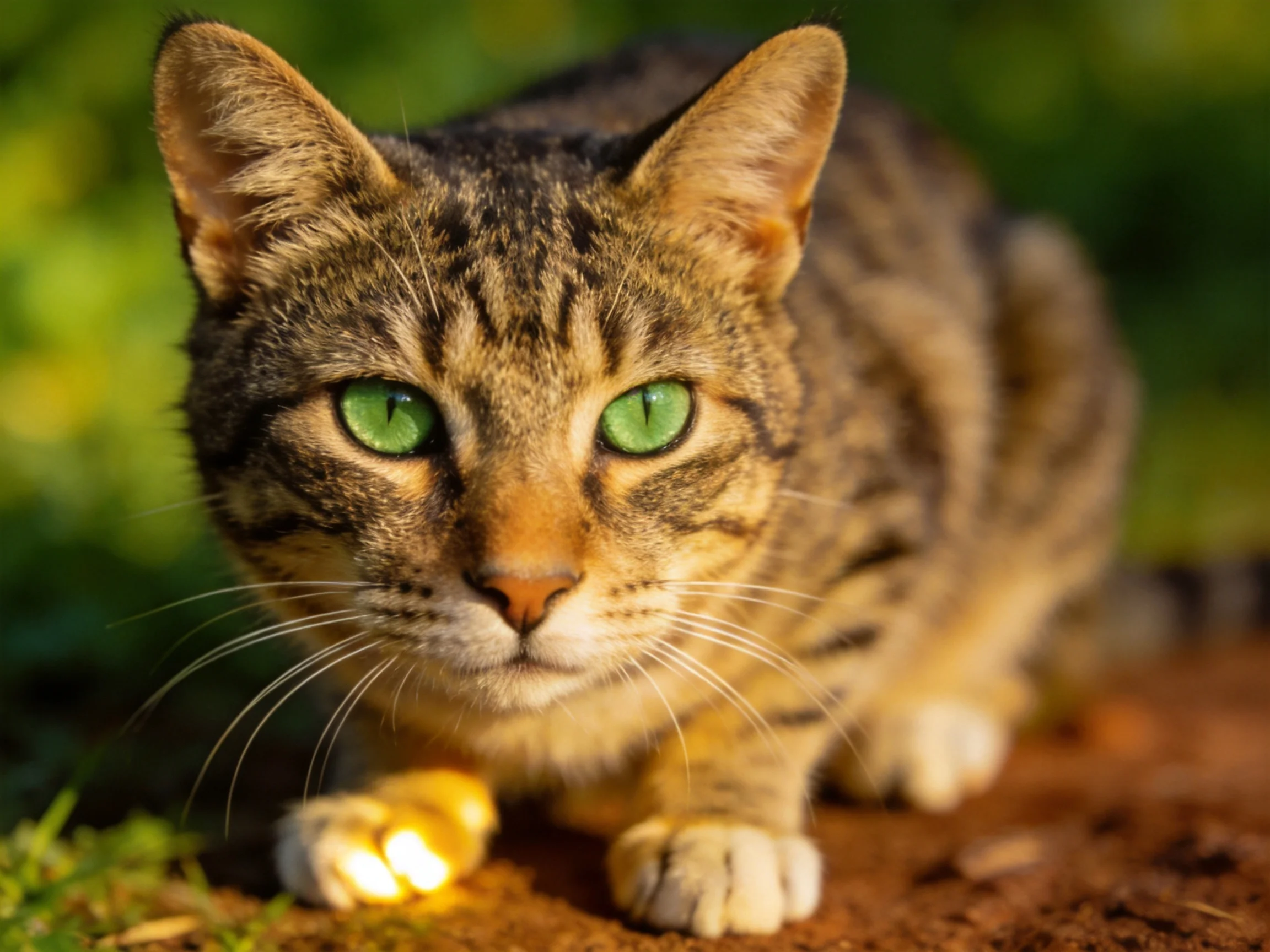 A tabby cat with bright green eyes crouches on earthy ground in a sunlit outdoor setting.