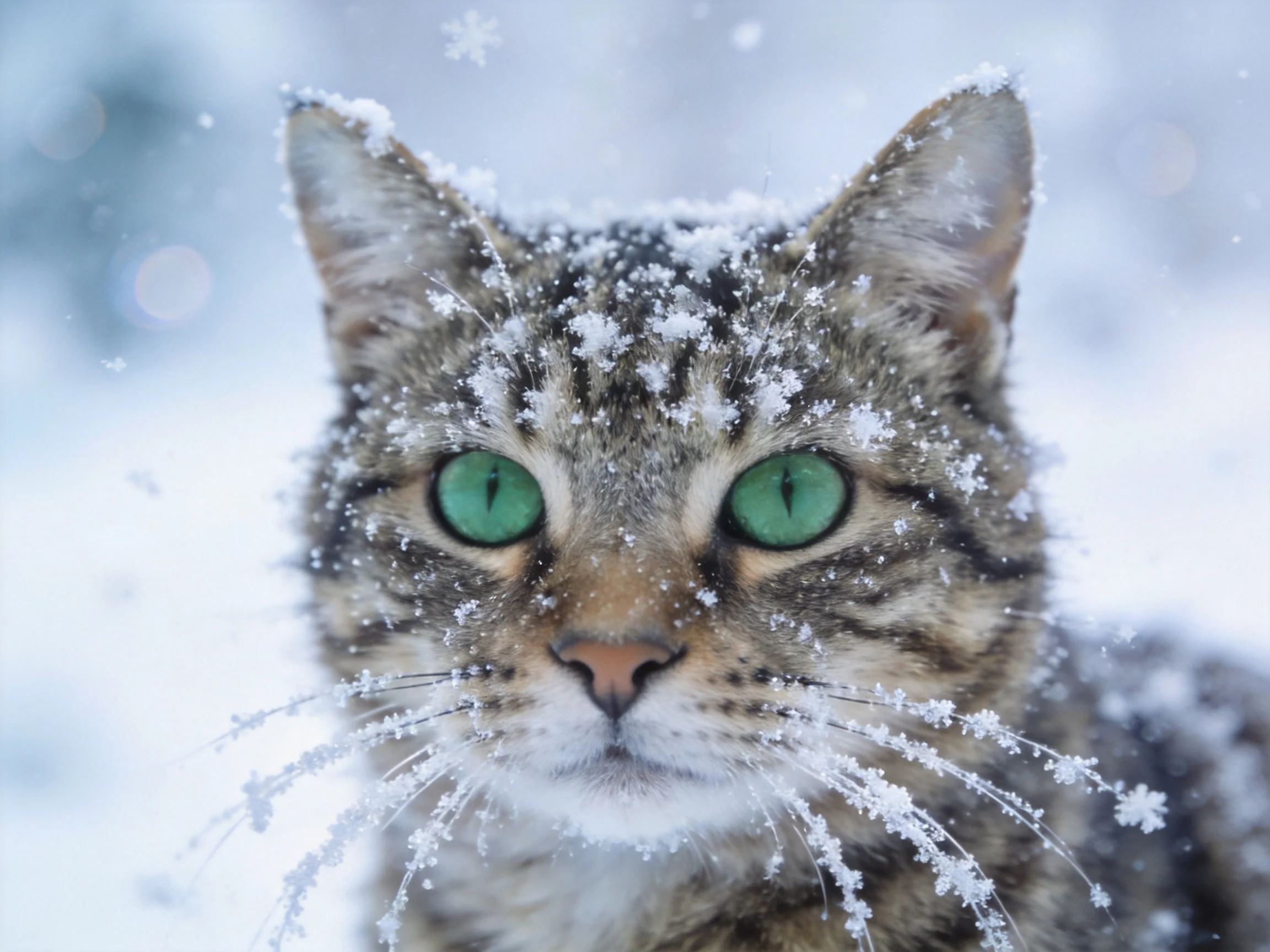A tabby cat with green eyes is surrounded by falling snowflakes.