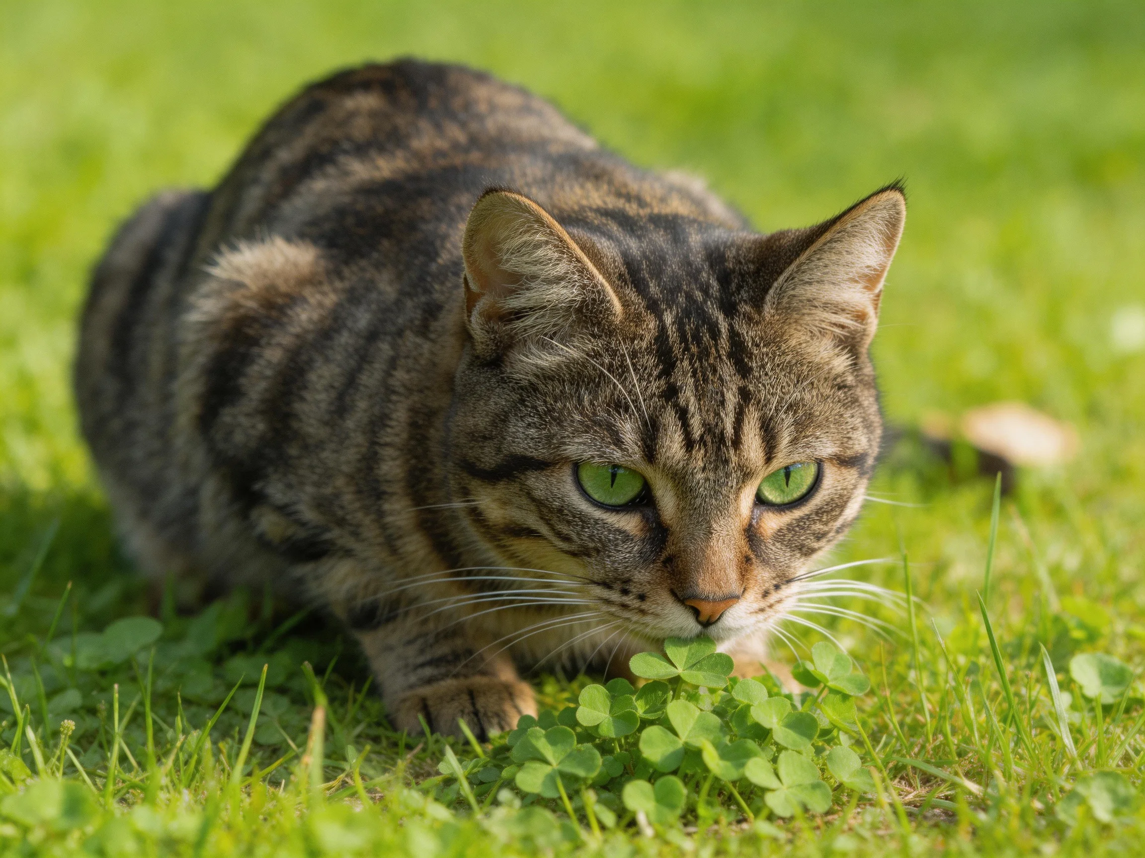 A tabby cat with green eyes investigates clover patches in a grassy area.