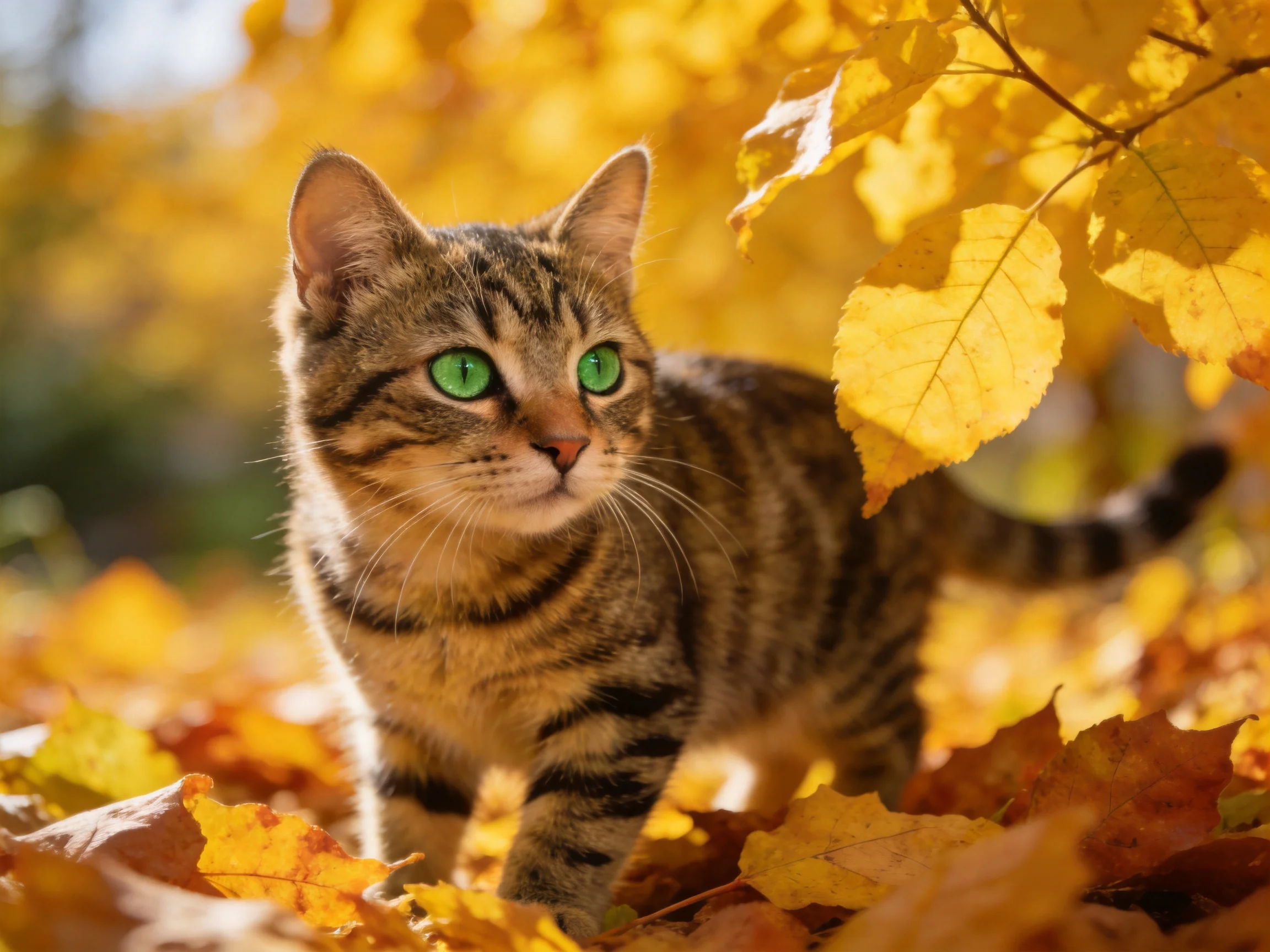 A tabby cat with green eyes walks through fallen autumn leaves.