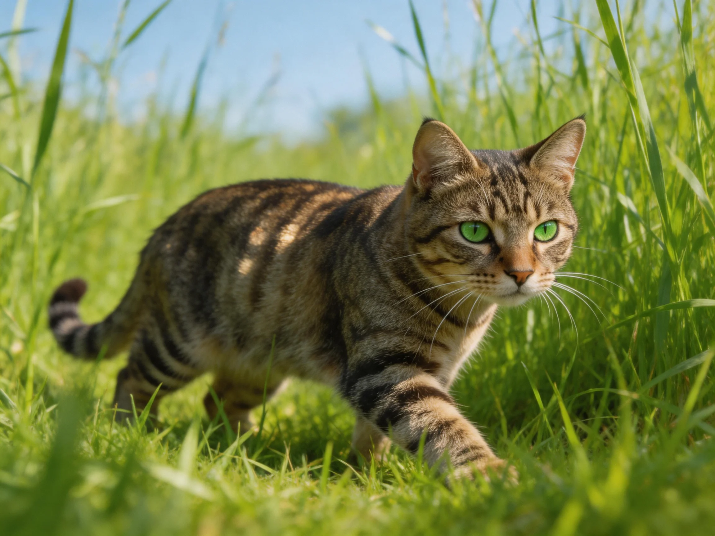 A tabby cat with green eyes moves through tall grass.