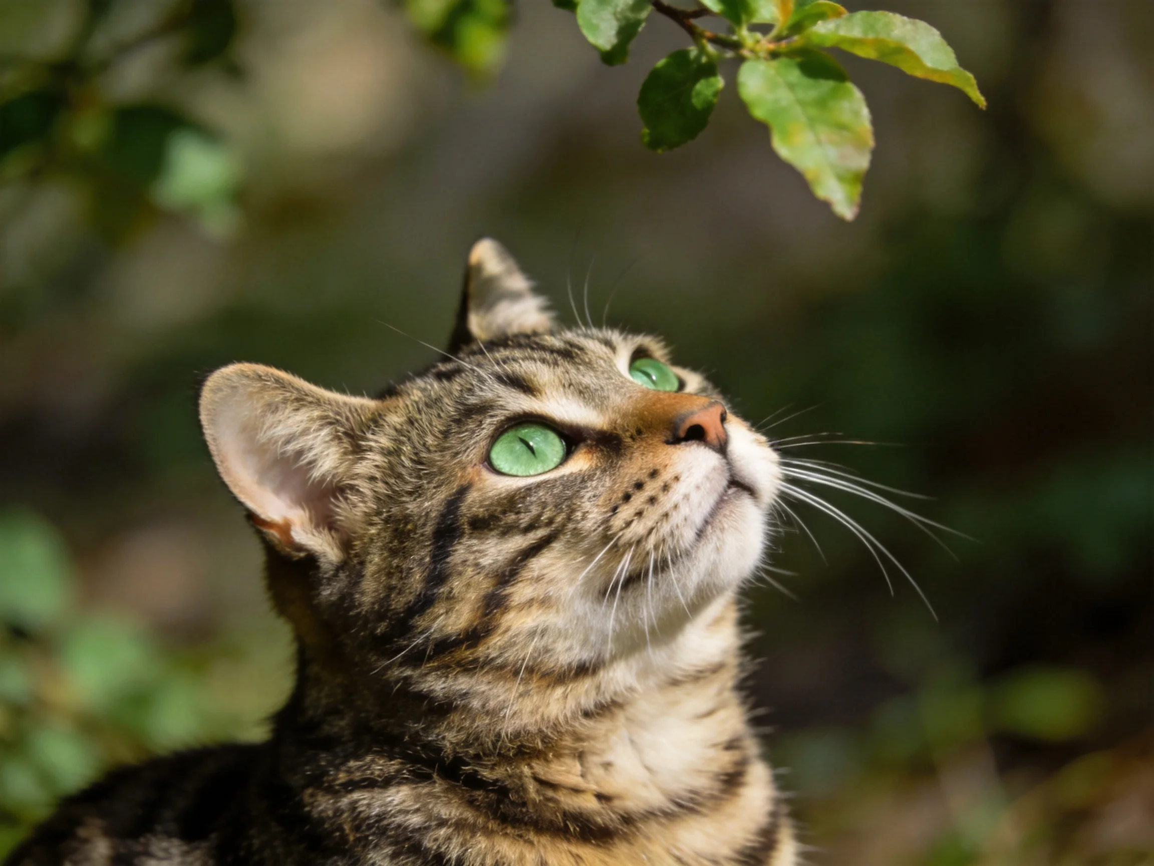 A tabby cat with green eyes looks up at foliage in a natural setting.
