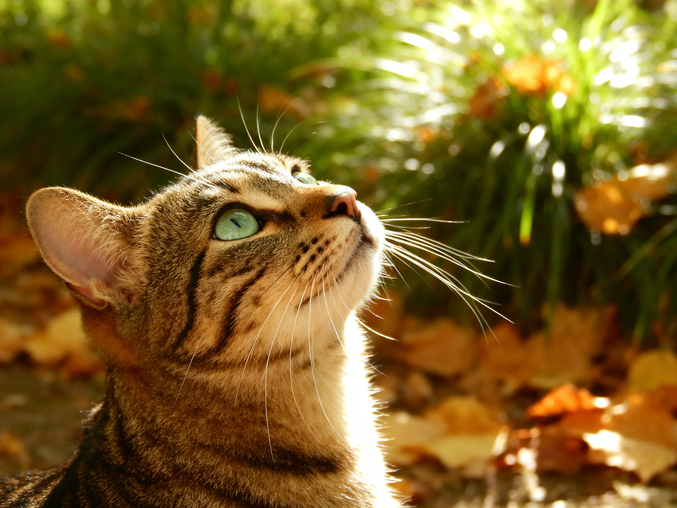 A tabby cat with vivid green eyes looks upward near fallen autumn leaves.