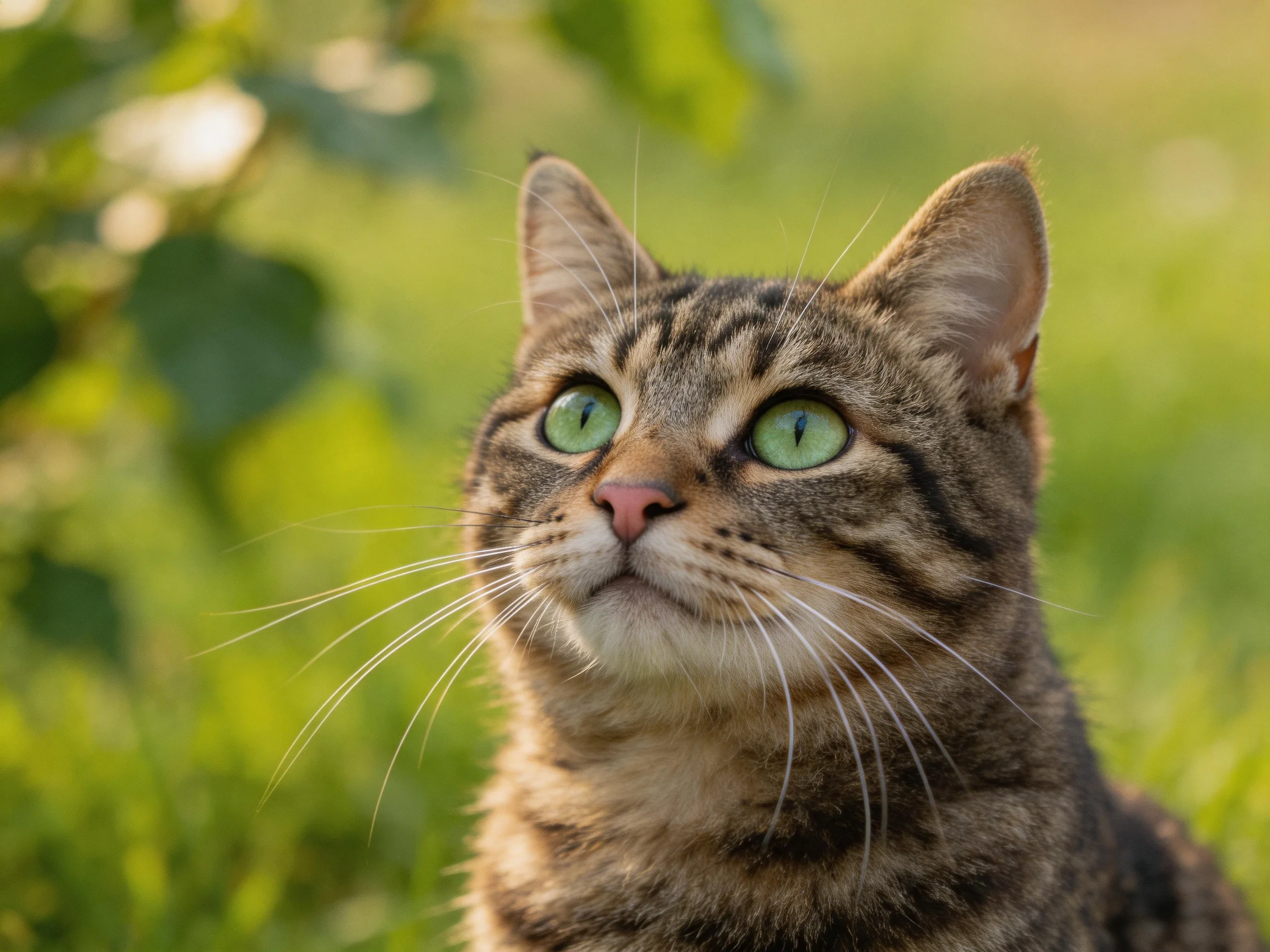 A tabby cat with vivid green eyes looks upward in a sunlit, green outdoor scene.