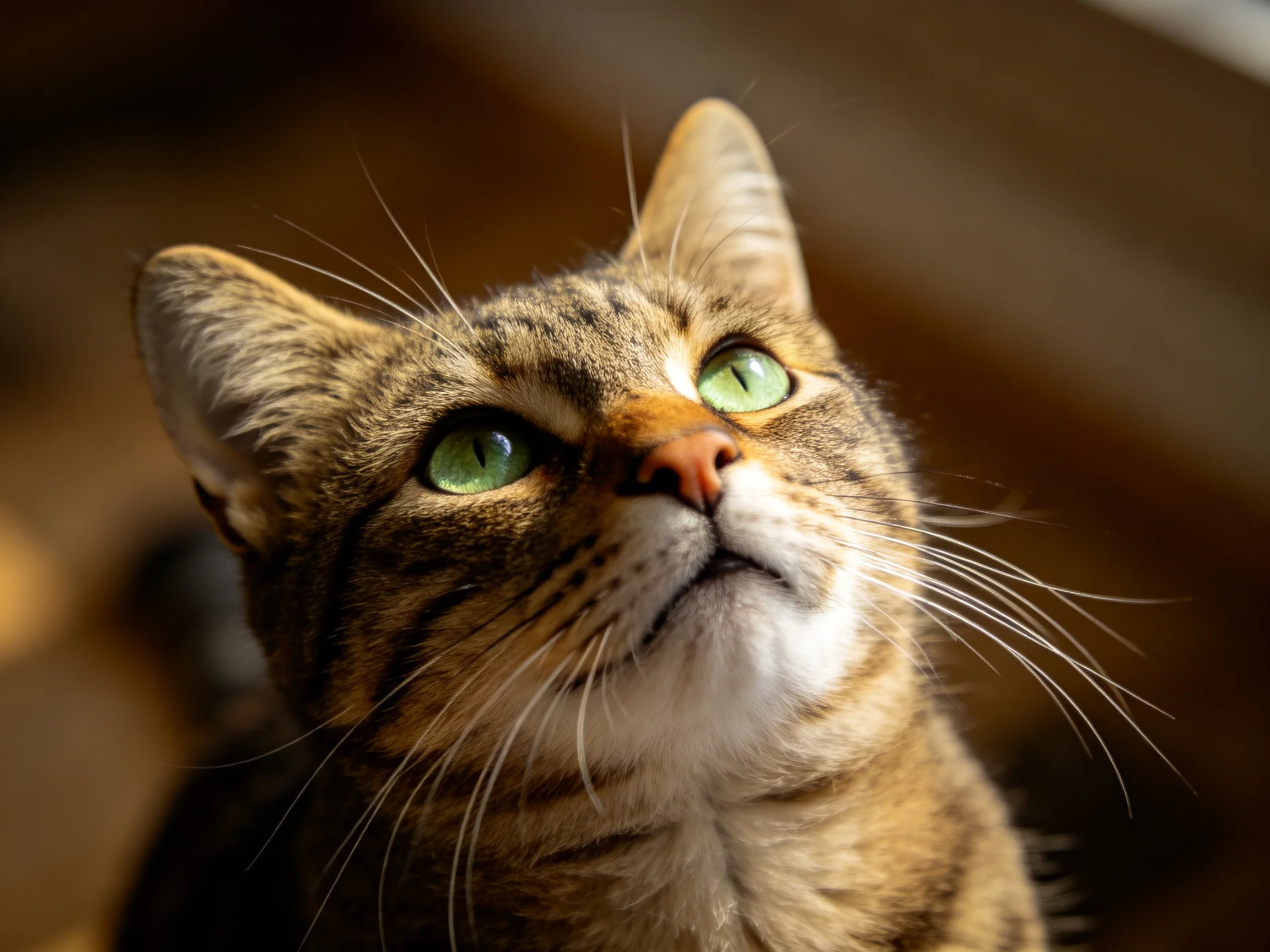 A tabby cat with green eyes looks upward in a softly lit environment.