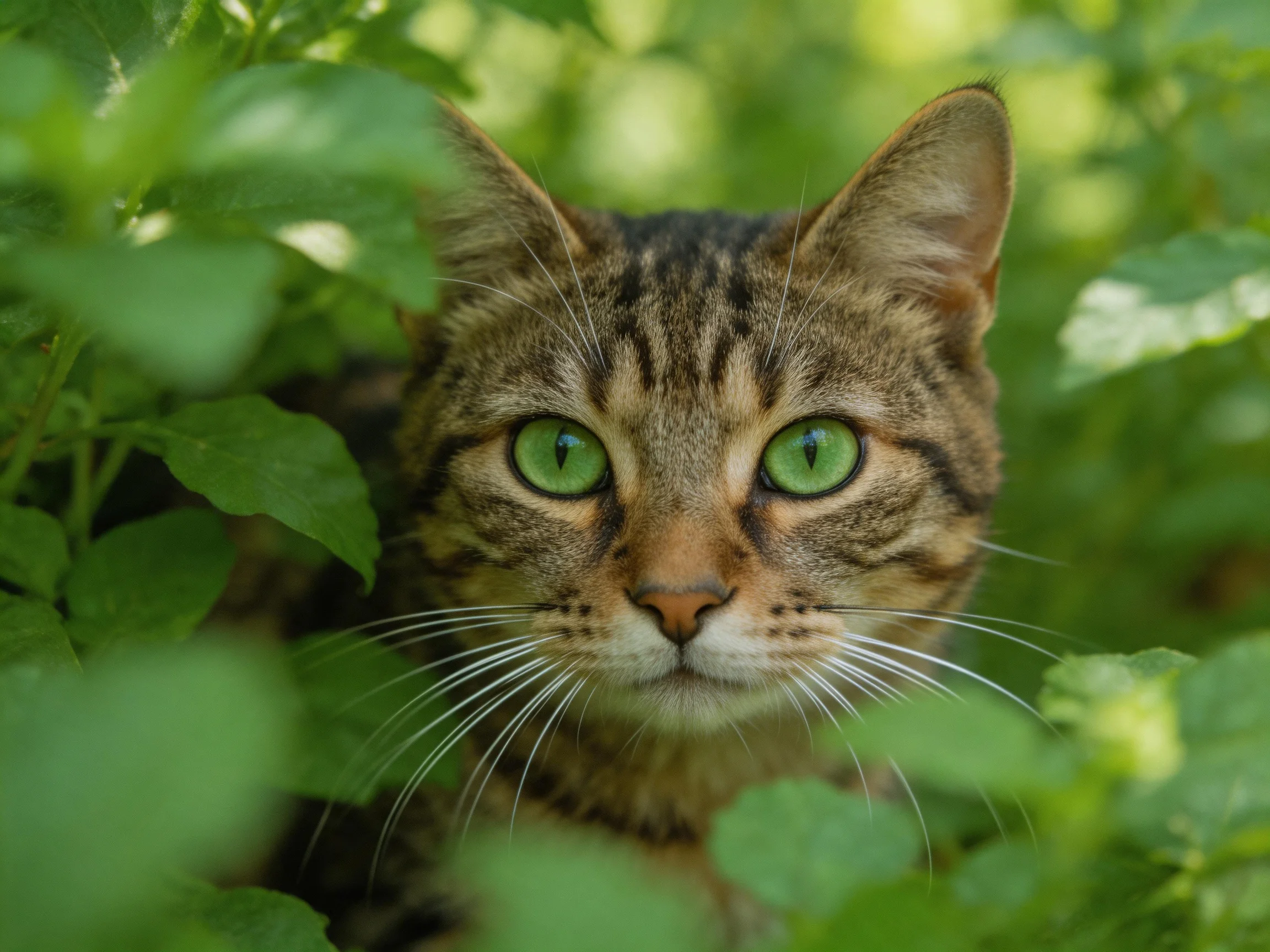 A tabby cat with bright green eyes emerges from dense green foliage.