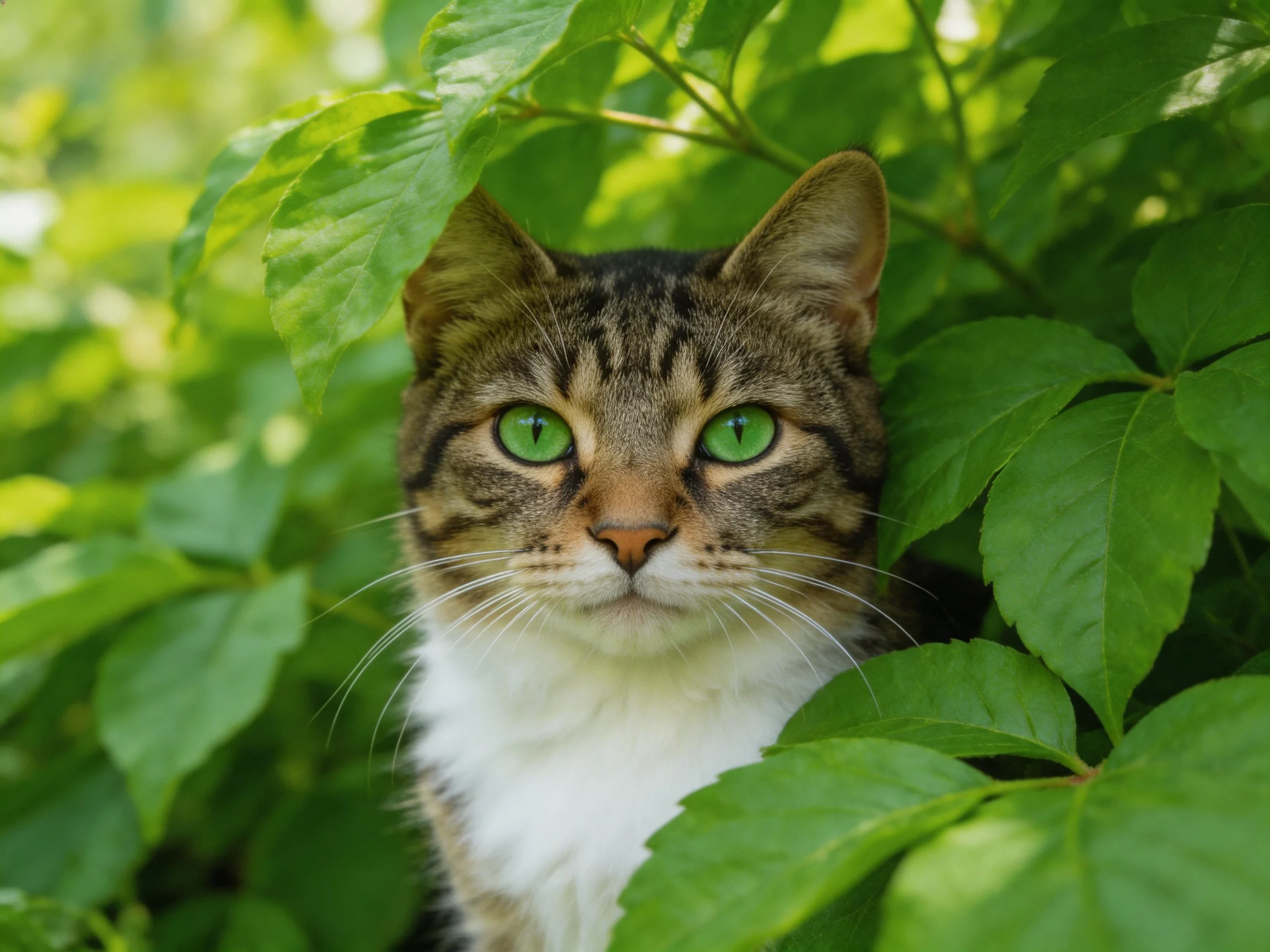 A tabby cat with green eyes is nestled among large green leaves.