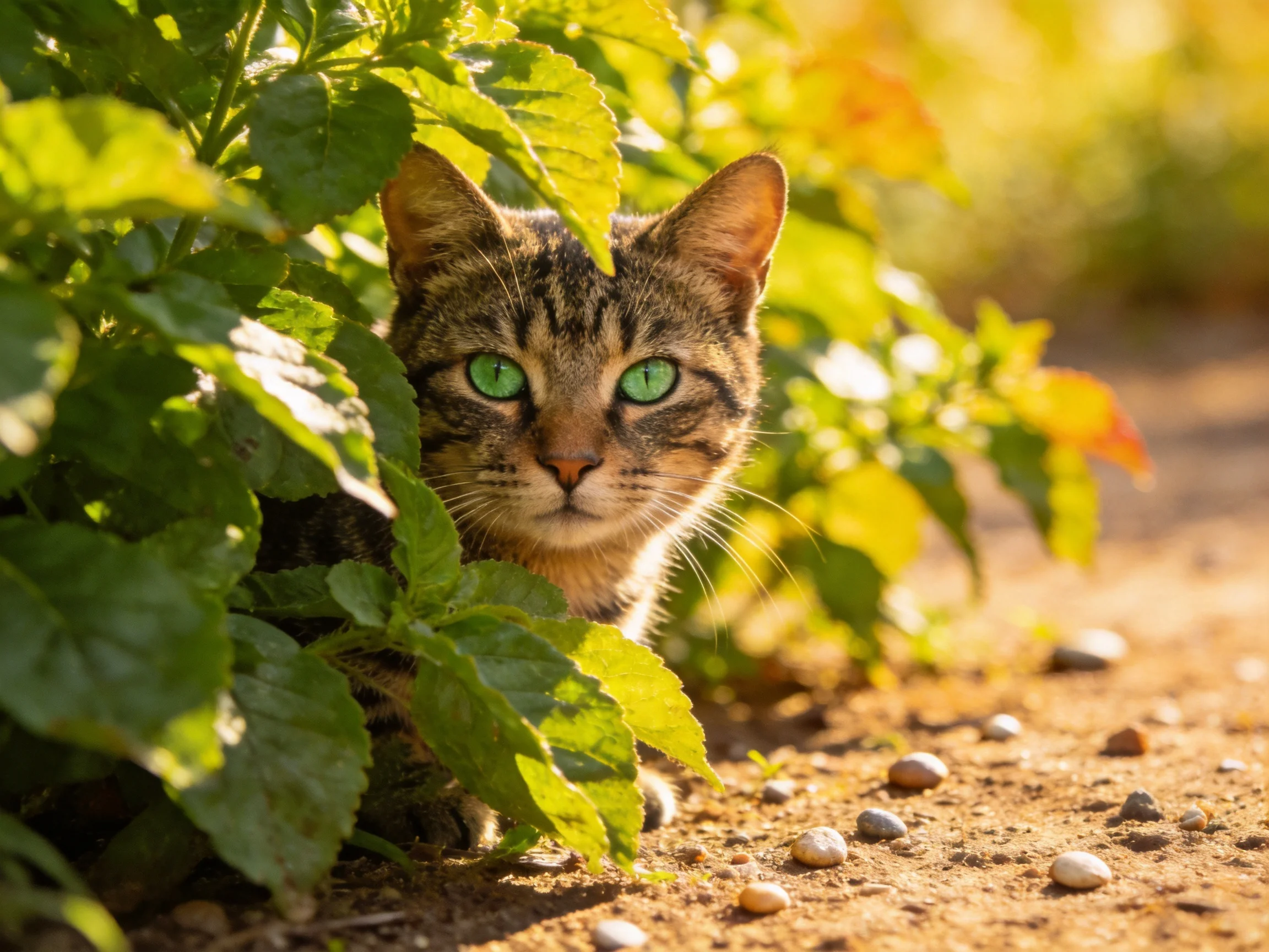 A tabby cat with green eyes hides among greenery in a sunlit area.