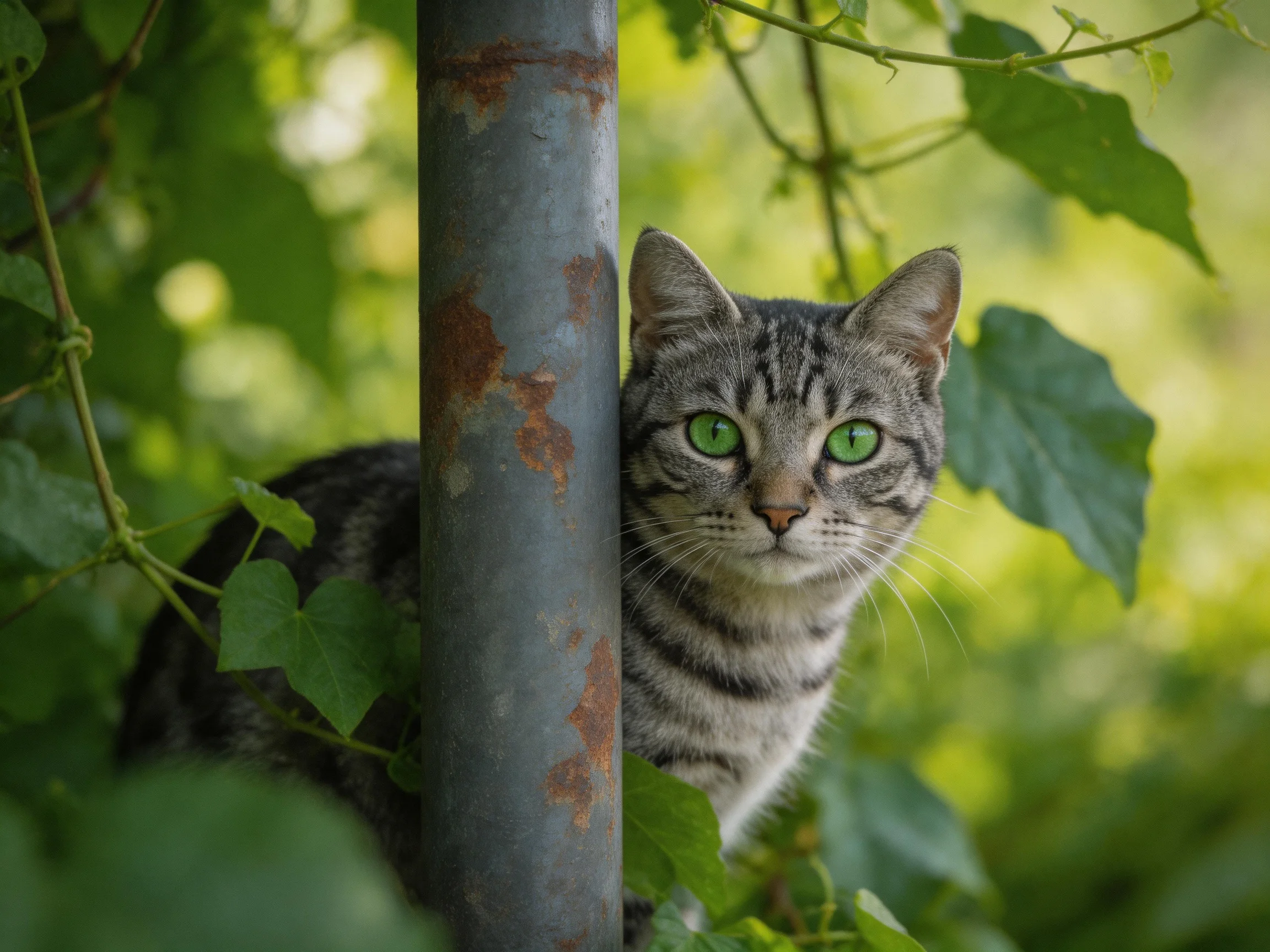 A tabby cat with green eyes peeks from behind a rusted pole surrounded by greenery