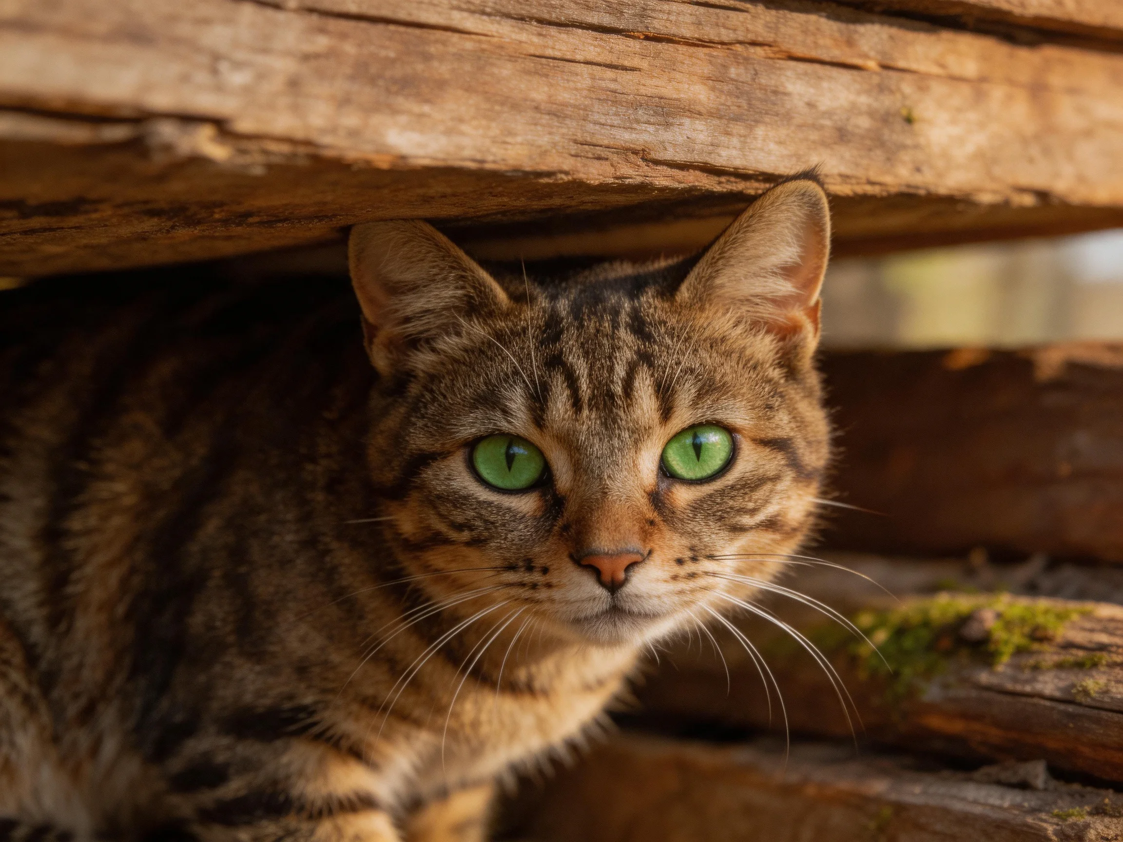 A tabby catwith bright green eyes peeks out from beneath aged wooden planks.
