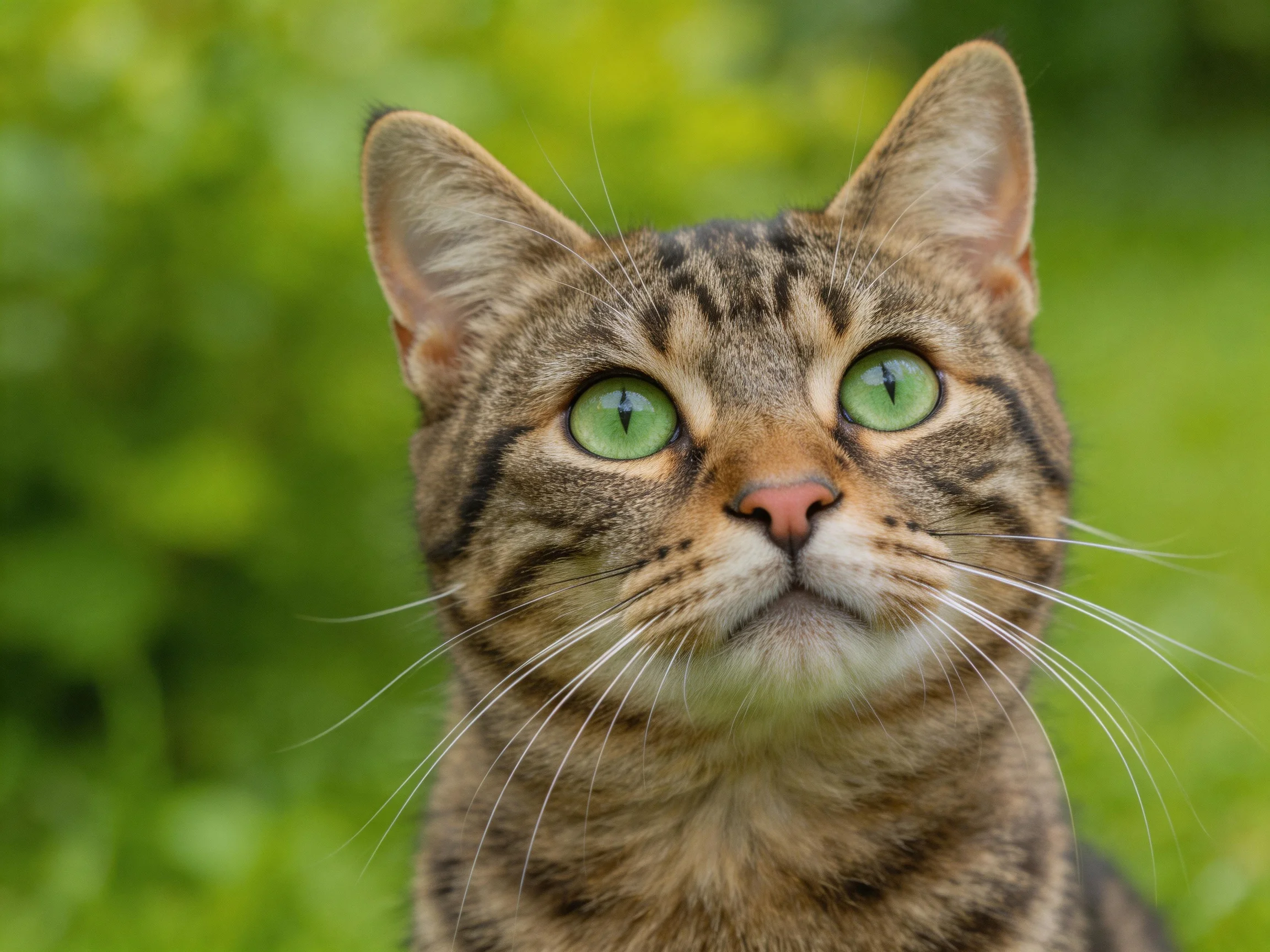 Close - up of a tabby cat with green eyes in a green outdoor environment